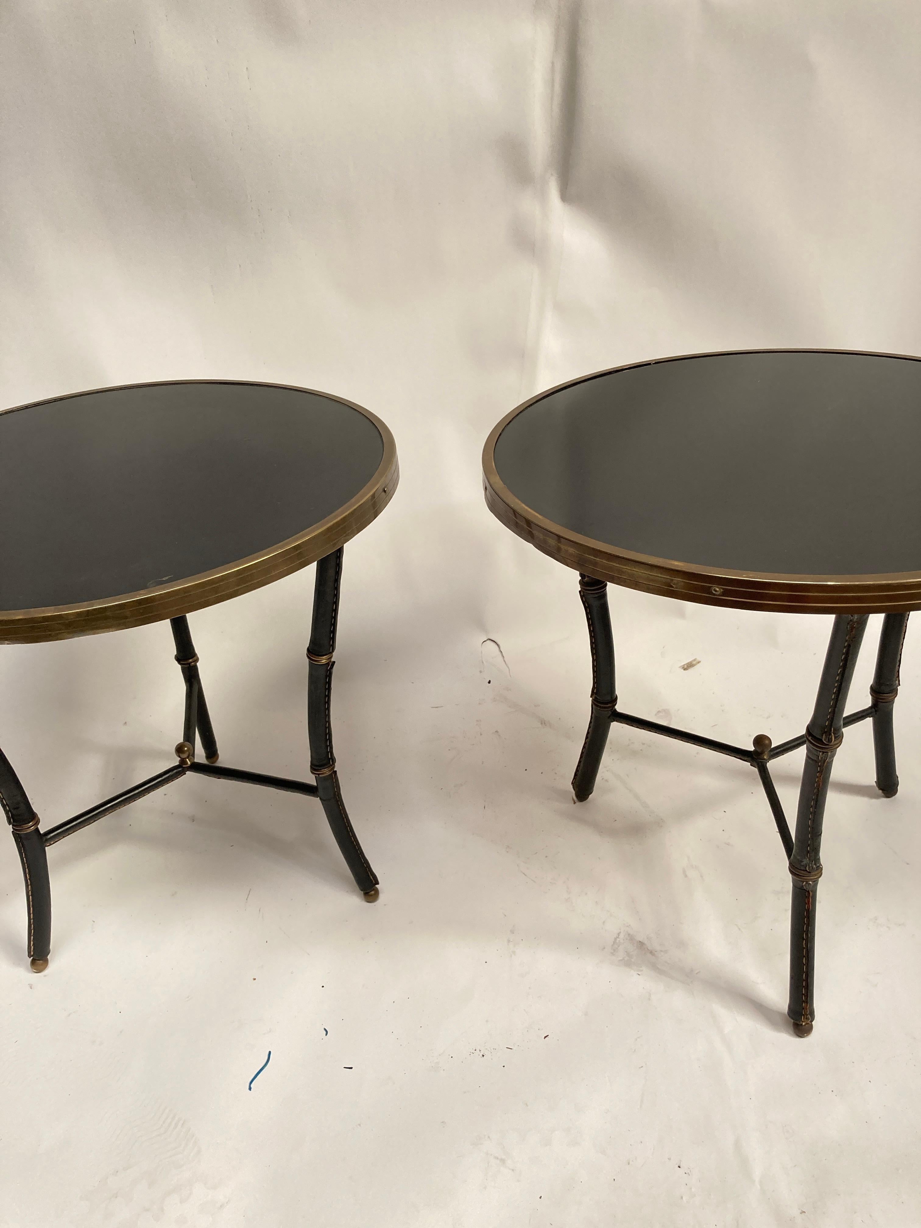 Mid-20th Century 1950's Stitched leather side tables by Jacques Adnet For Sale