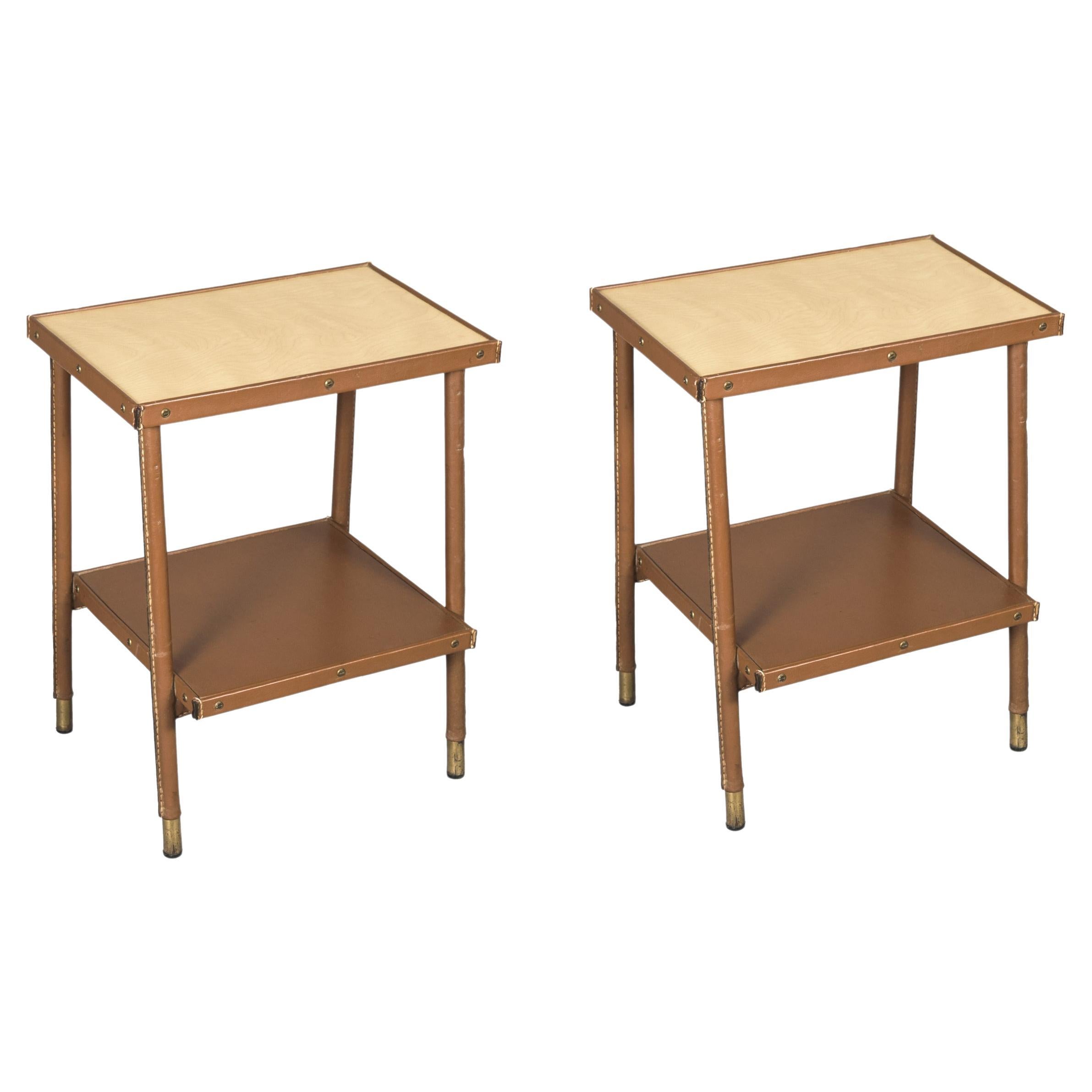 1950's Stitched leather Side tables by Jacques Adnet