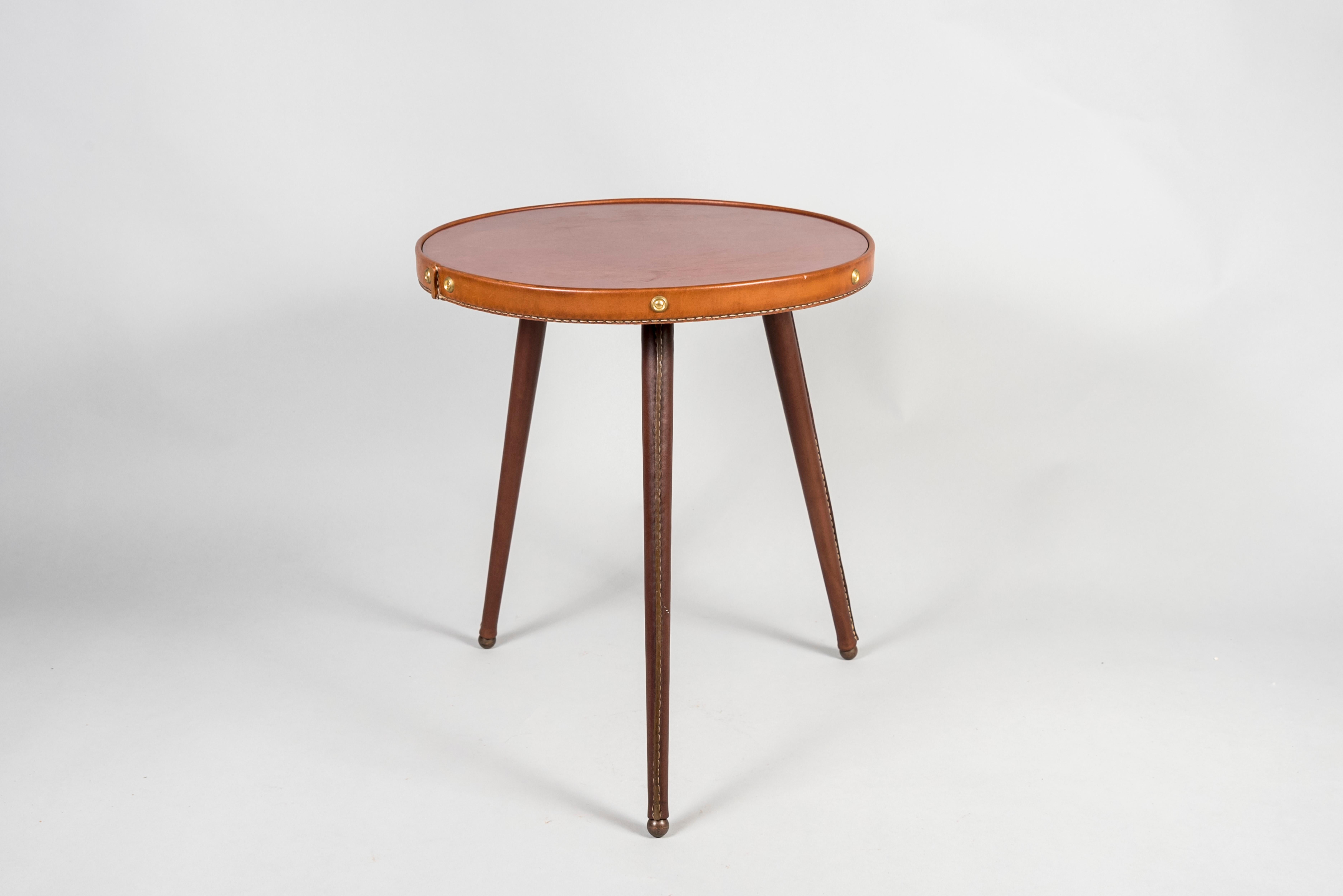 Italian 1950's Stitched Leather Small Table by Jacques Adnet For Sale