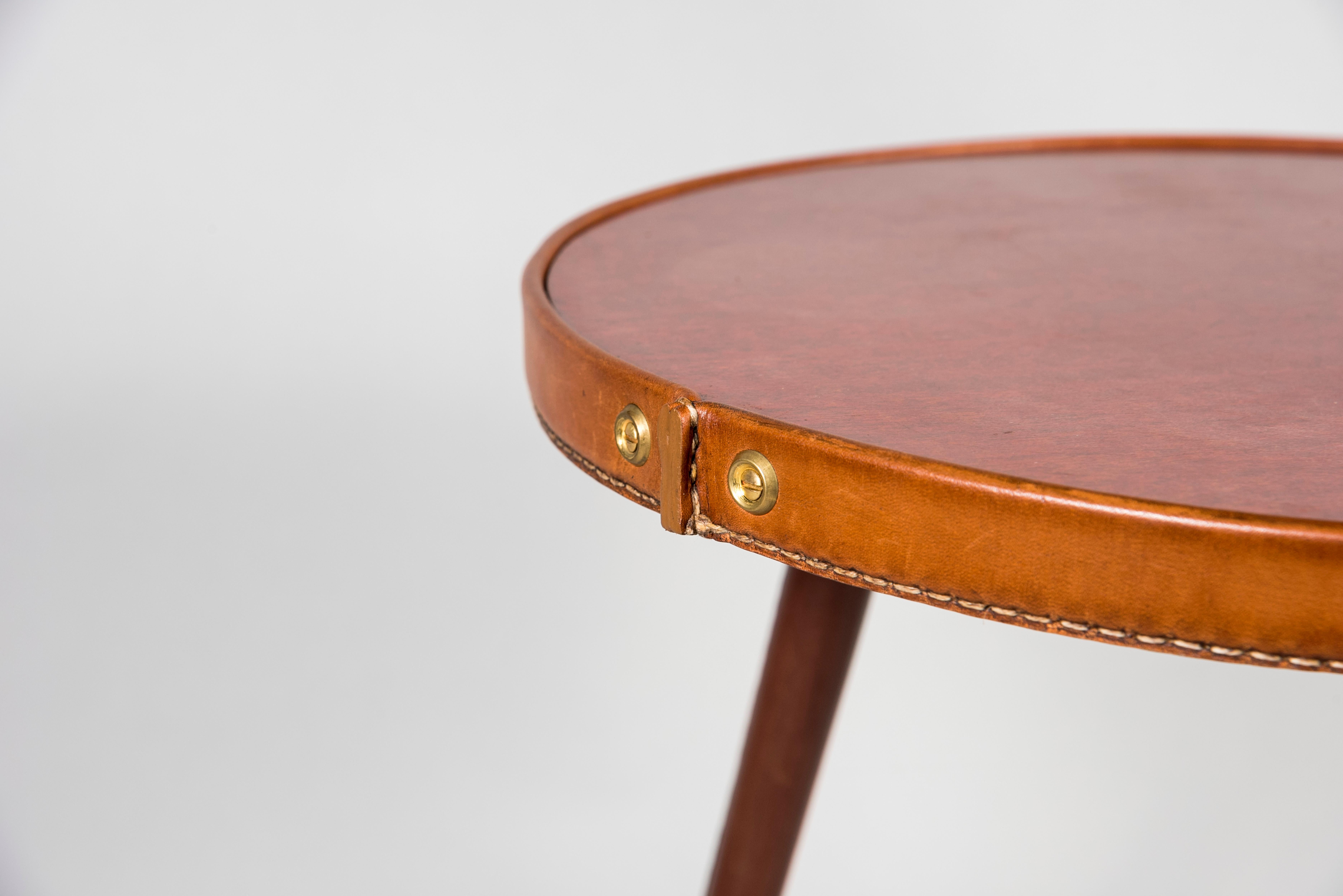 Mid-20th Century 1950's Stitched Leather Small Table by Jacques Adnet For Sale