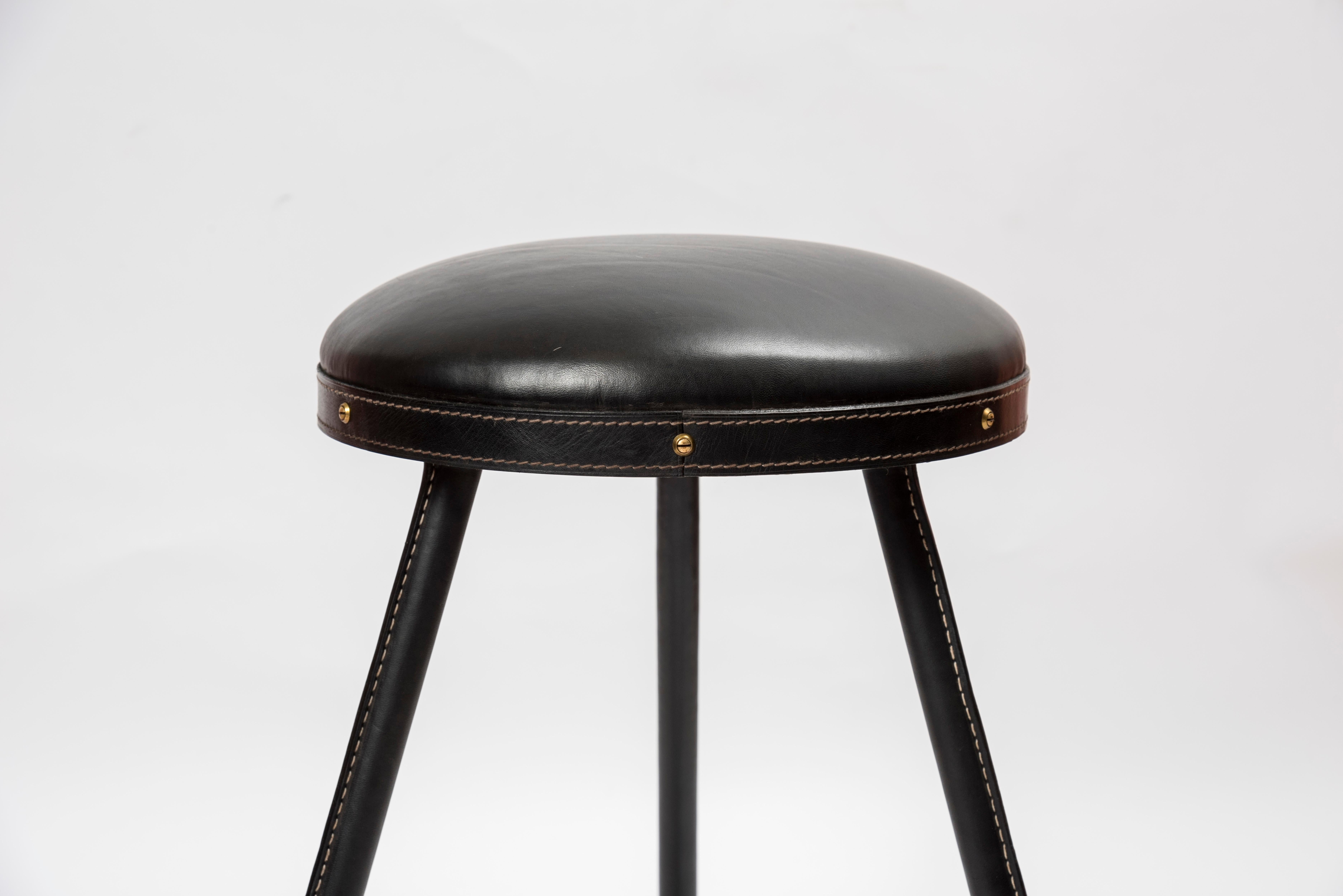 European 1950s Stitched Leather Stool by Jacques Adnet