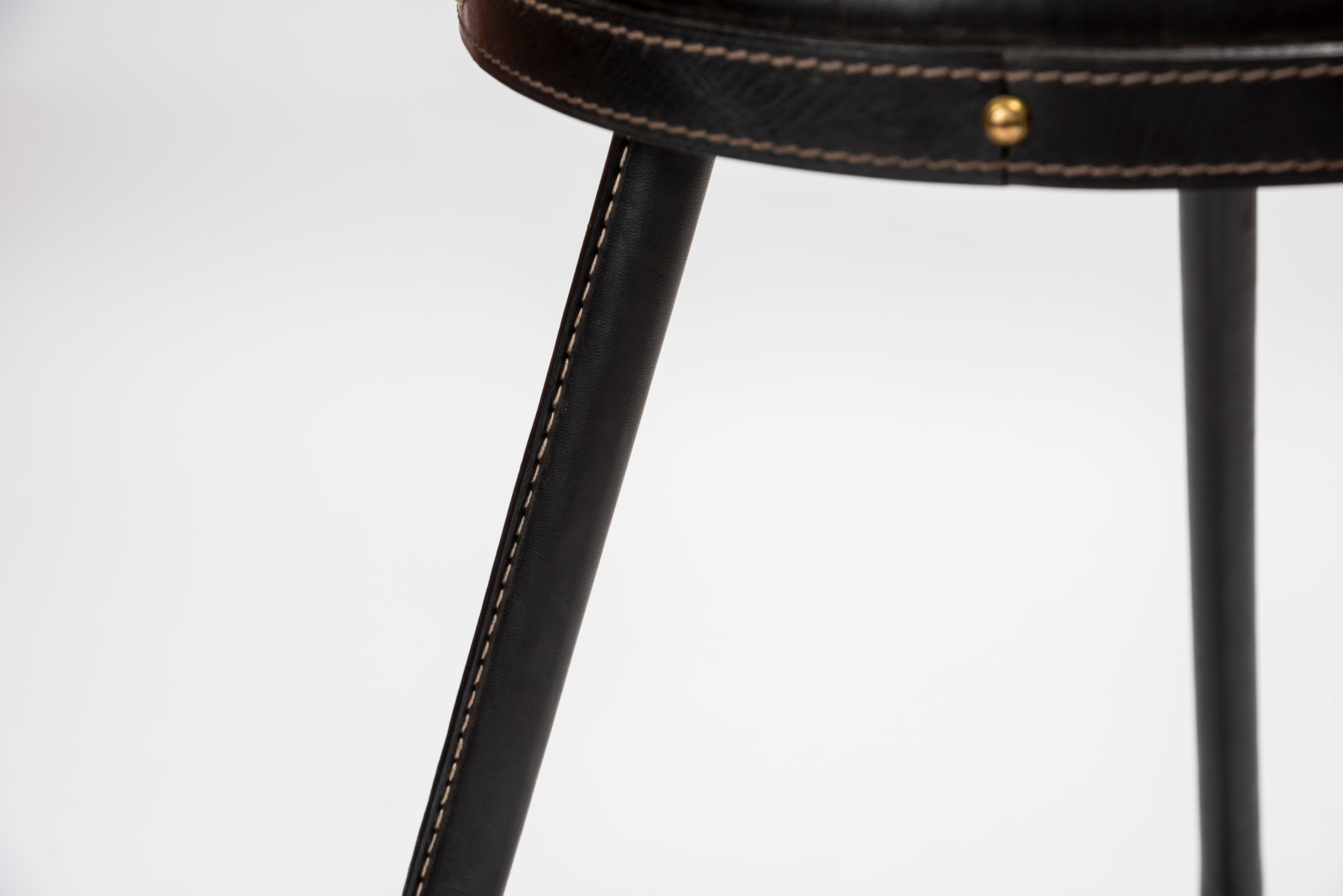1950s Stitched Leather Stool by Jacques Adnet In Good Condition In Bois-Colombes, FR