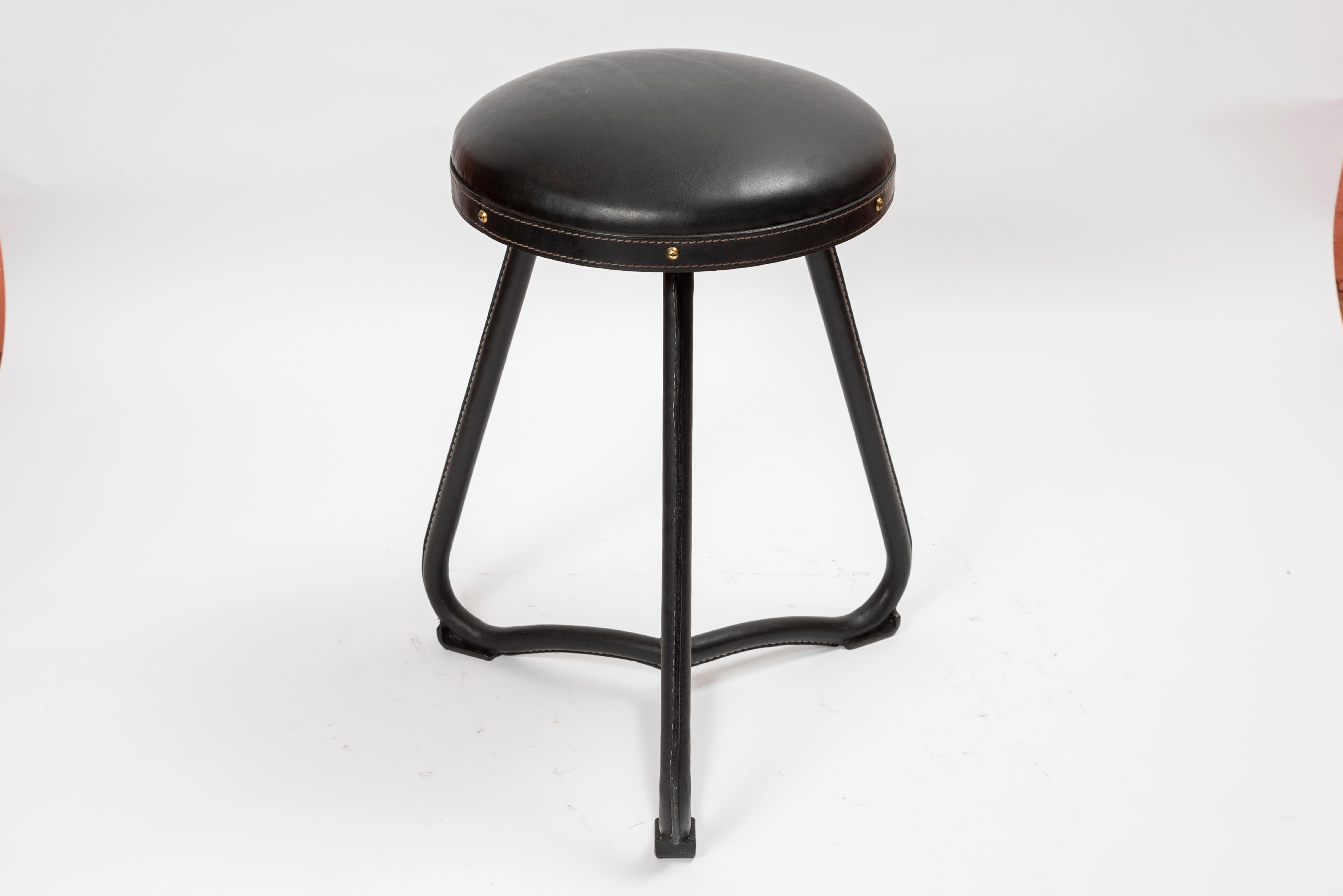 Mid-20th Century 1950s Stitched Leather Stool by Jacques Adnet