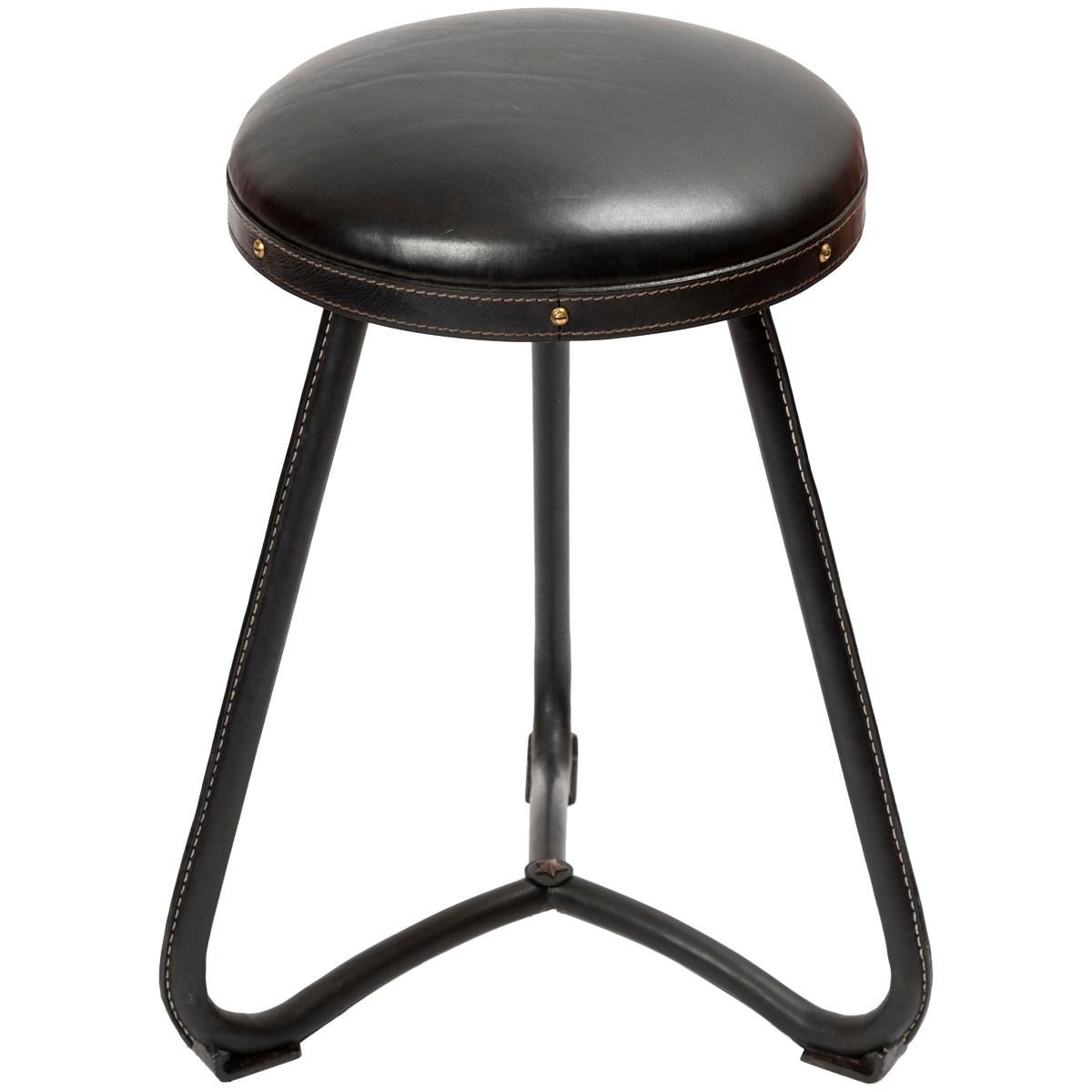 1950s Stitched Leather Stool by Jacques Adnet