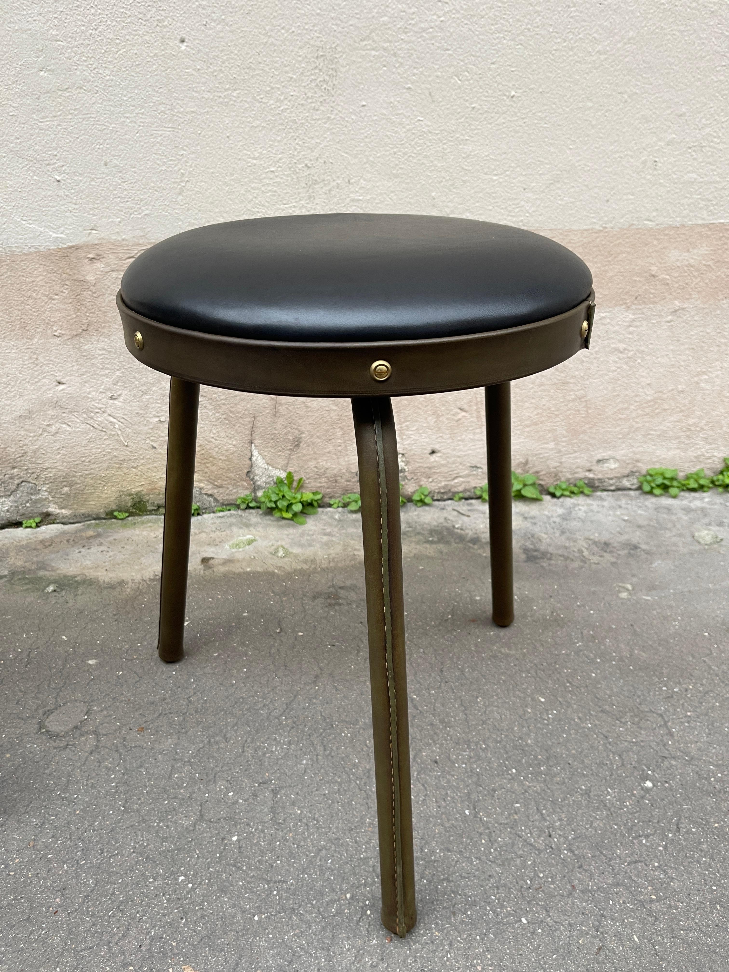 French 1950's Stitched leather stools by Jacques Adnet For Sale