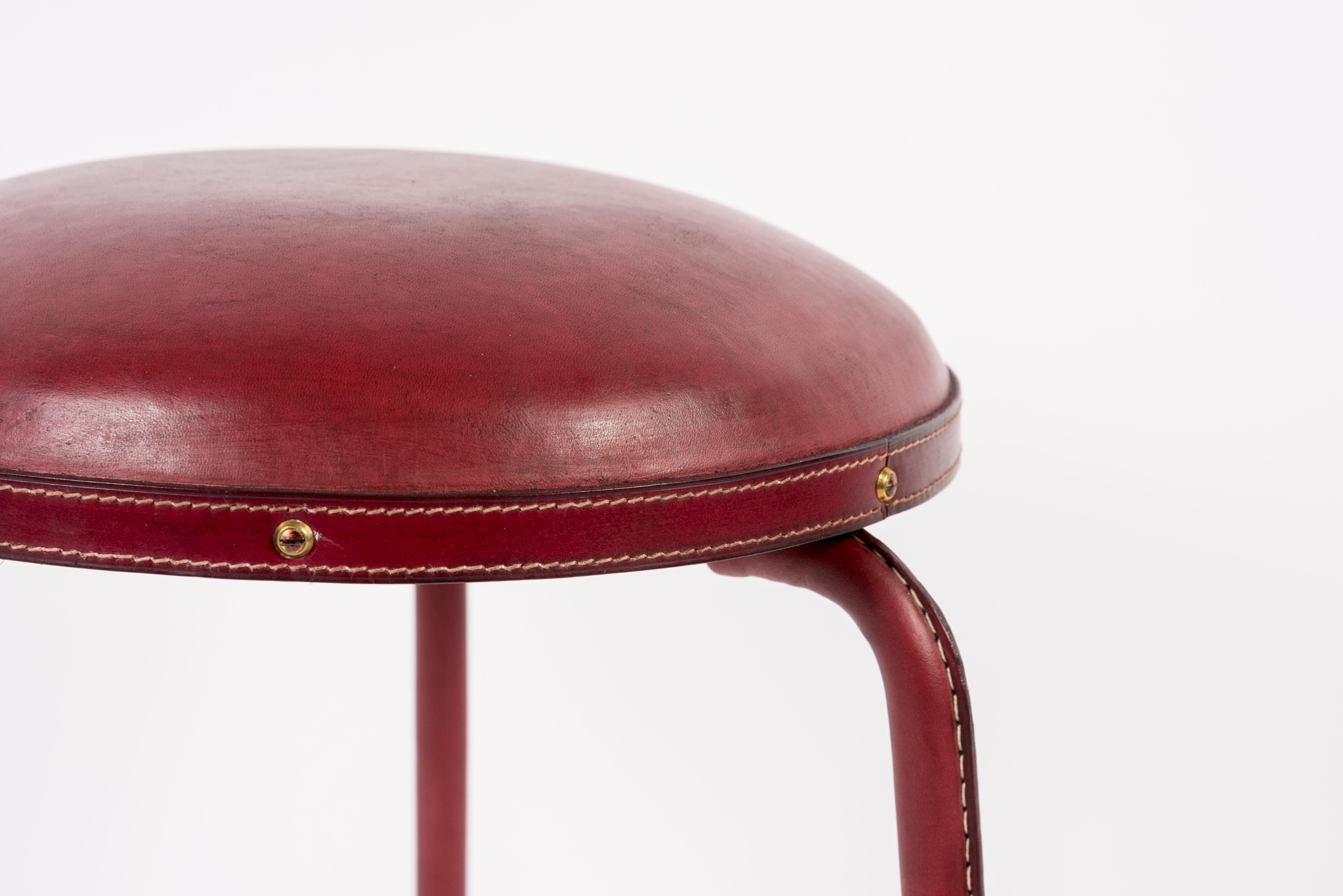 French 1950's Stitched Leather Stools by Jacques Adnet