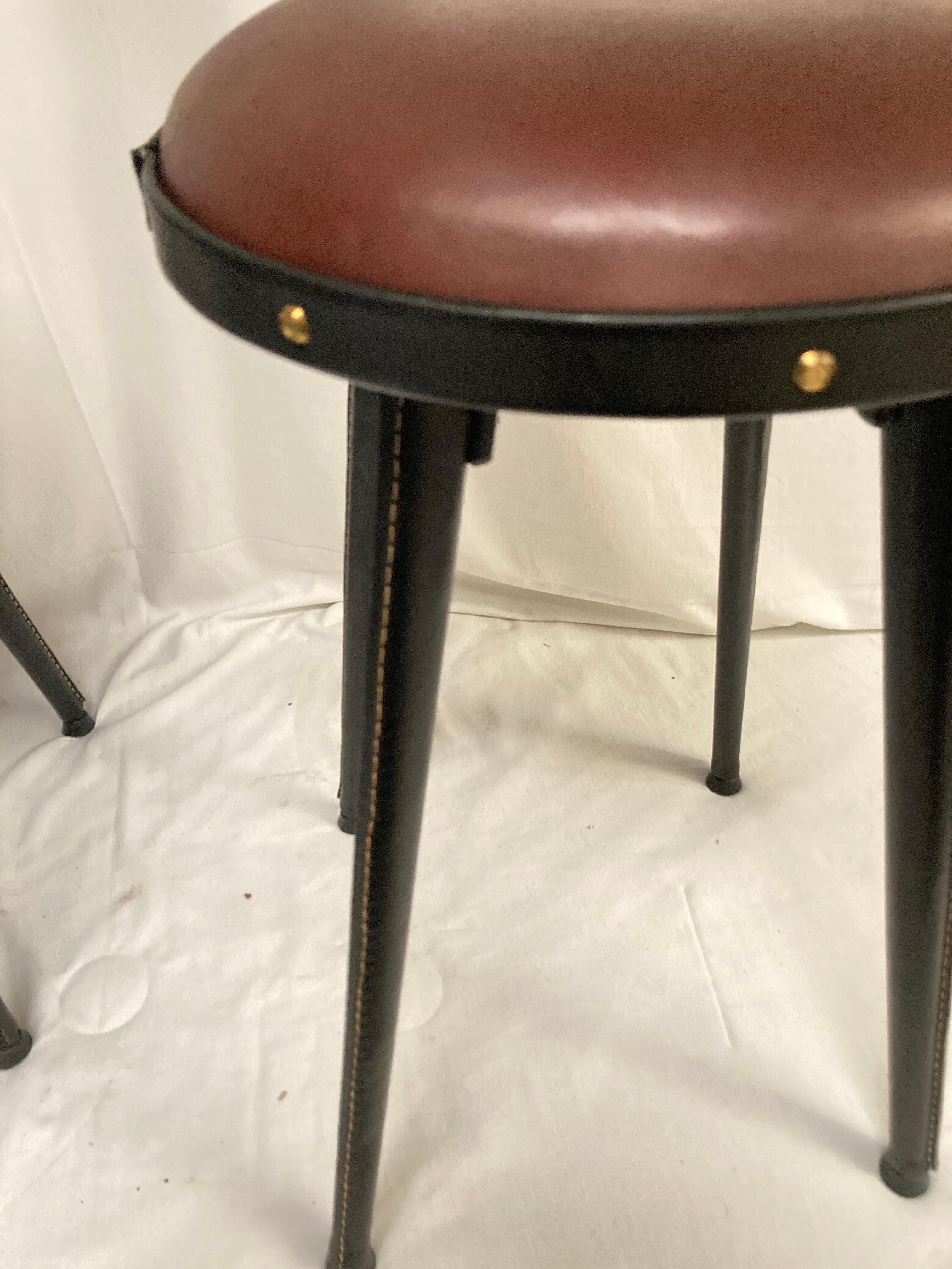 1950's Stitched leather stools by Jacques Adnet In Good Condition For Sale In New York, NY
