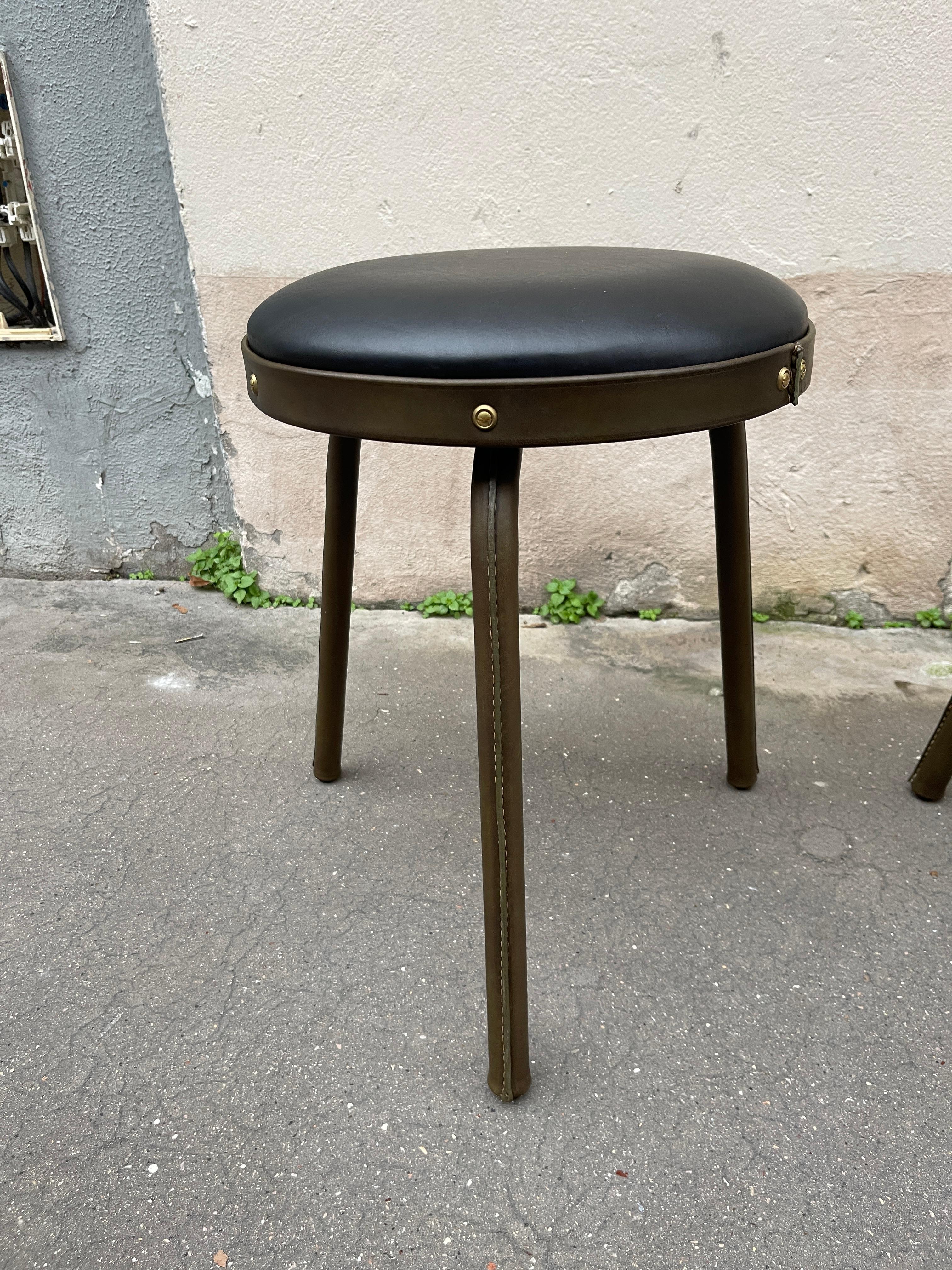 Leather 1950's Stitched leather stools by Jacques Adnet For Sale