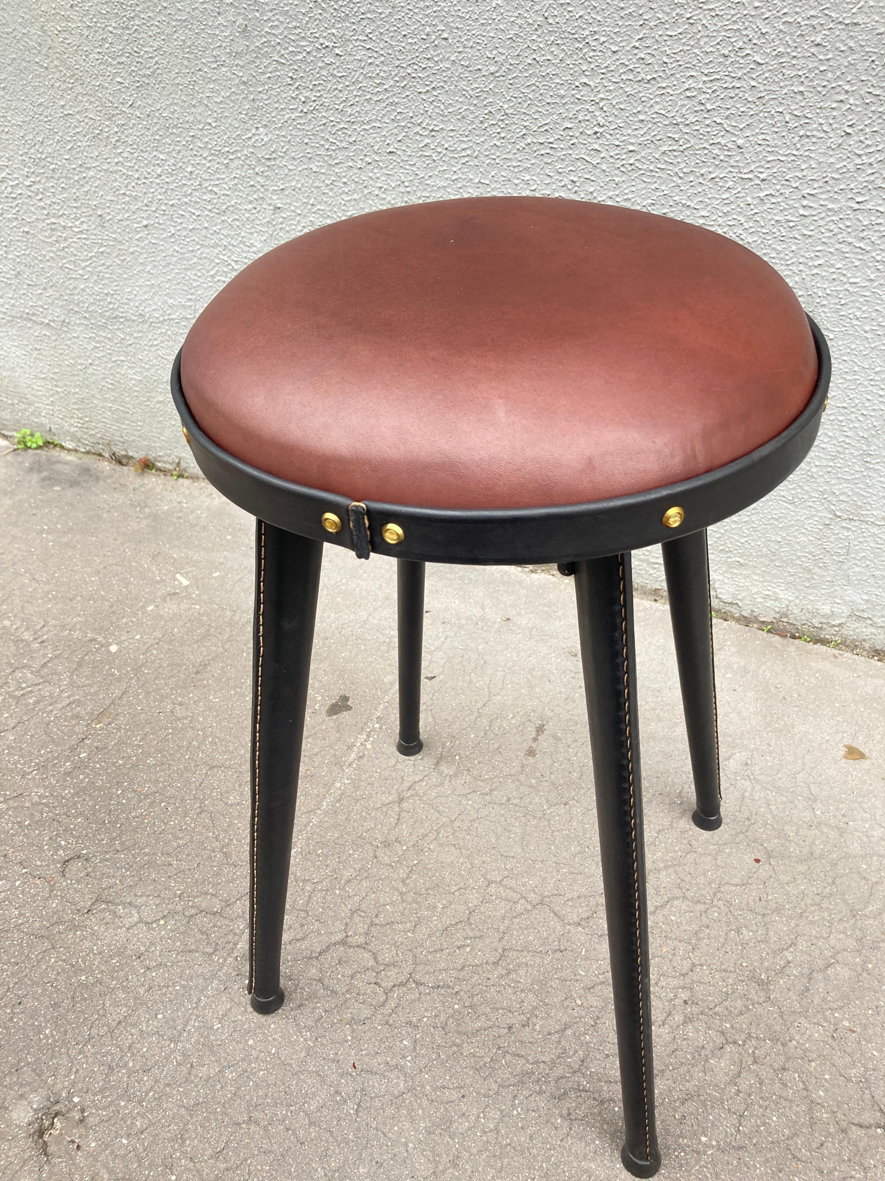 1950's Stitched leather stools by Jacques Adnet For Sale 1