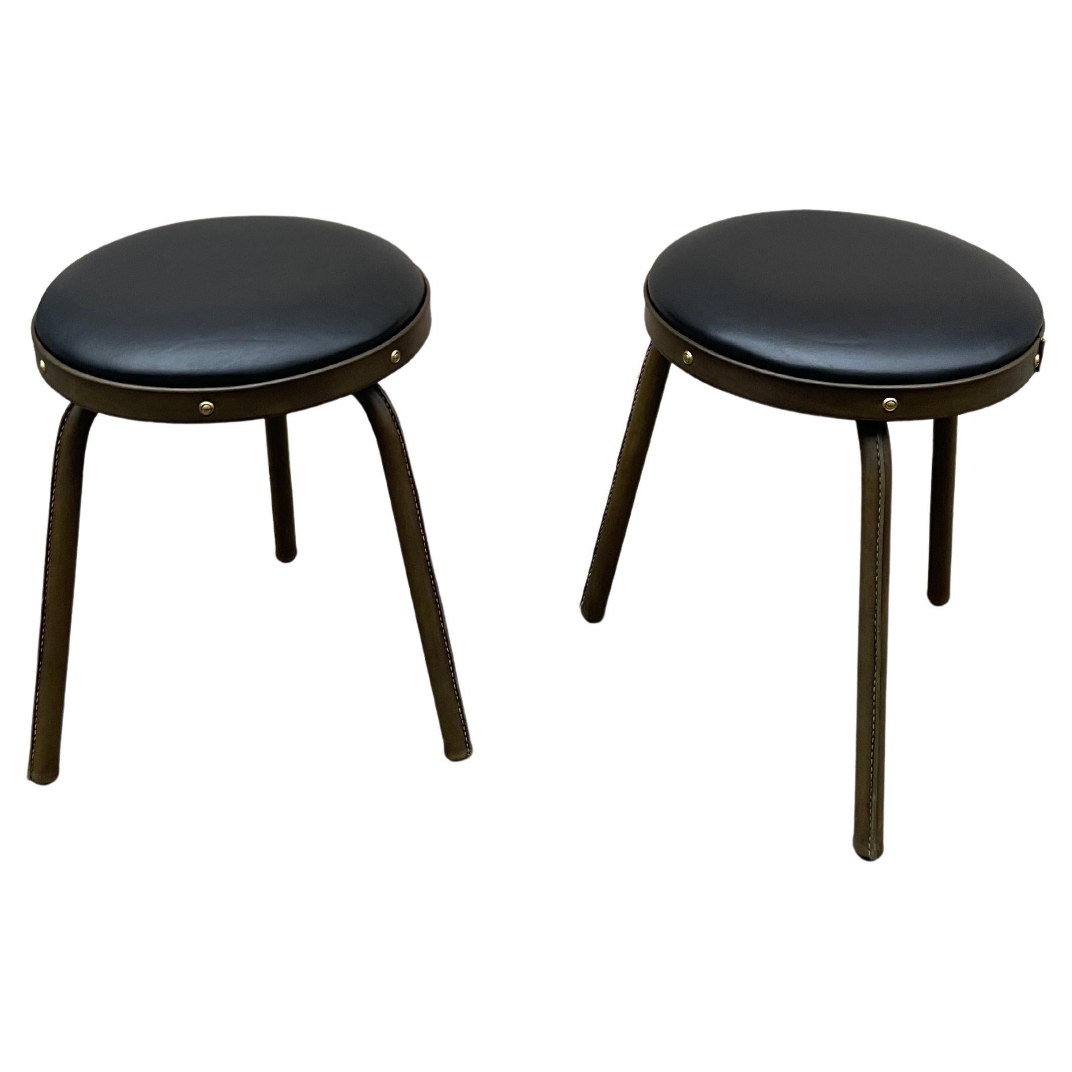 1950's Stitched leather stools by Jacques Adnet