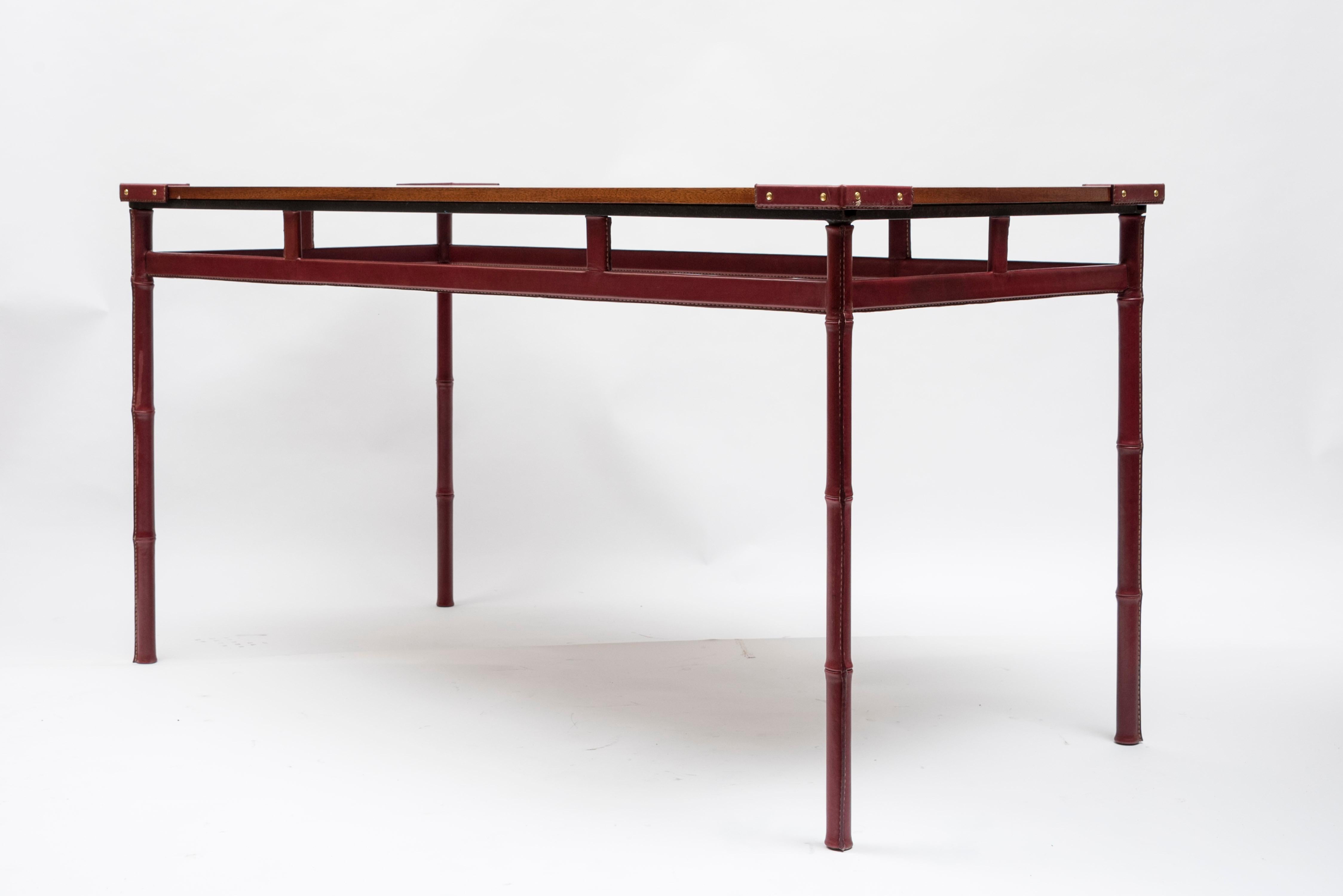 European 1950's Stitched leather table by Jacques Adnet For Sale