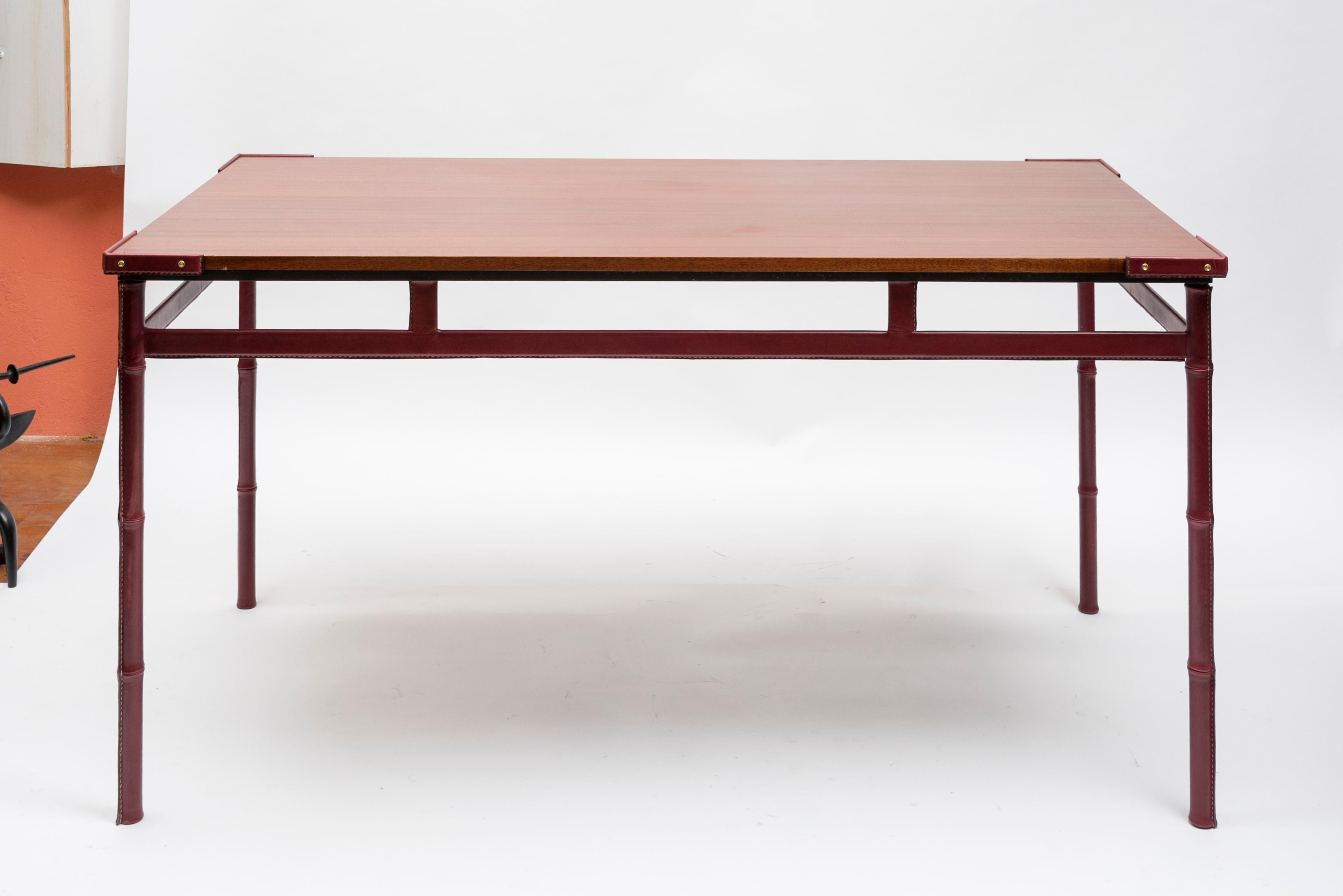 European 1950's Stitched leather table by Jacques Adnet For Sale