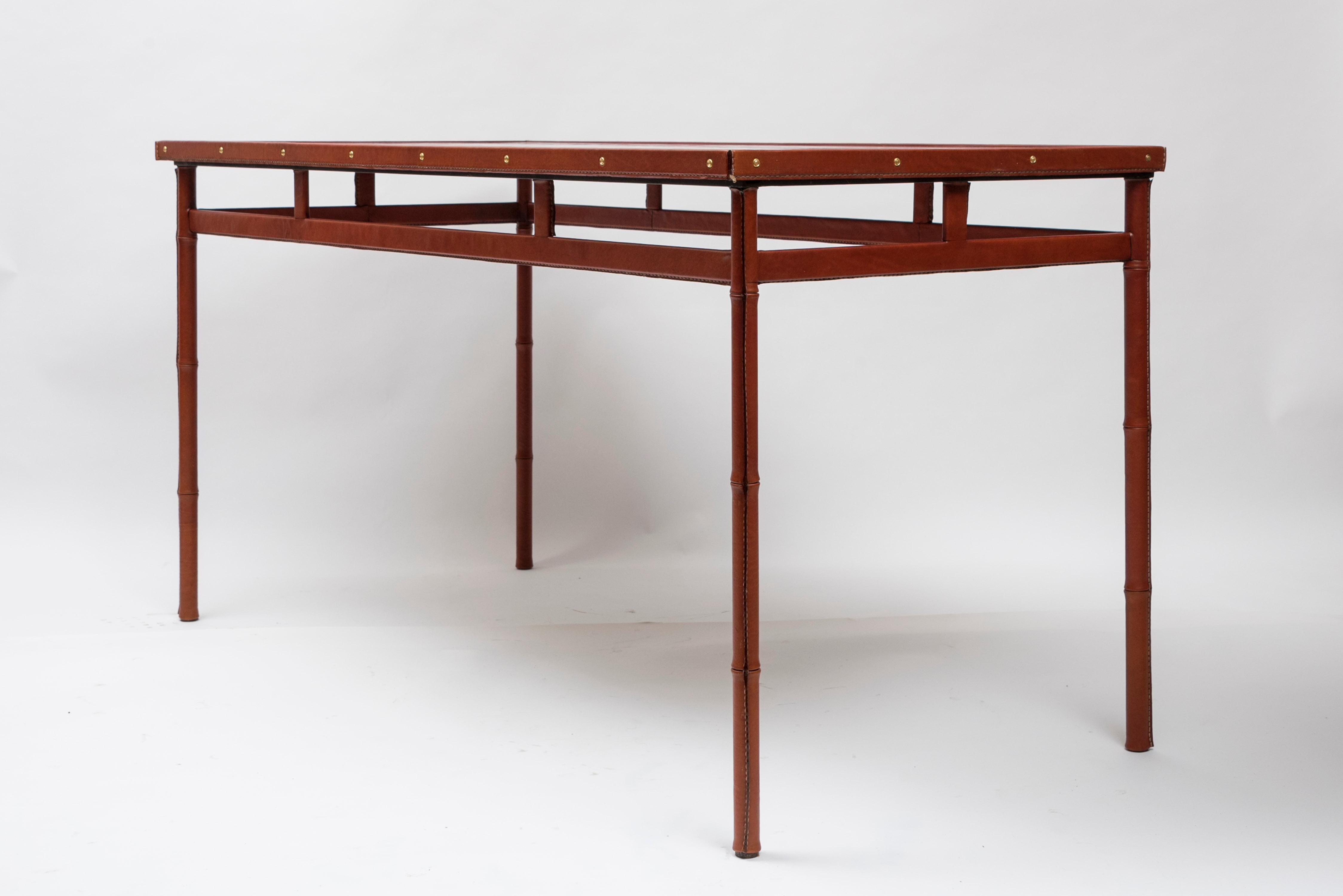 Mid-20th Century 1950's Stitched leather table by Jacques Adnet For Sale