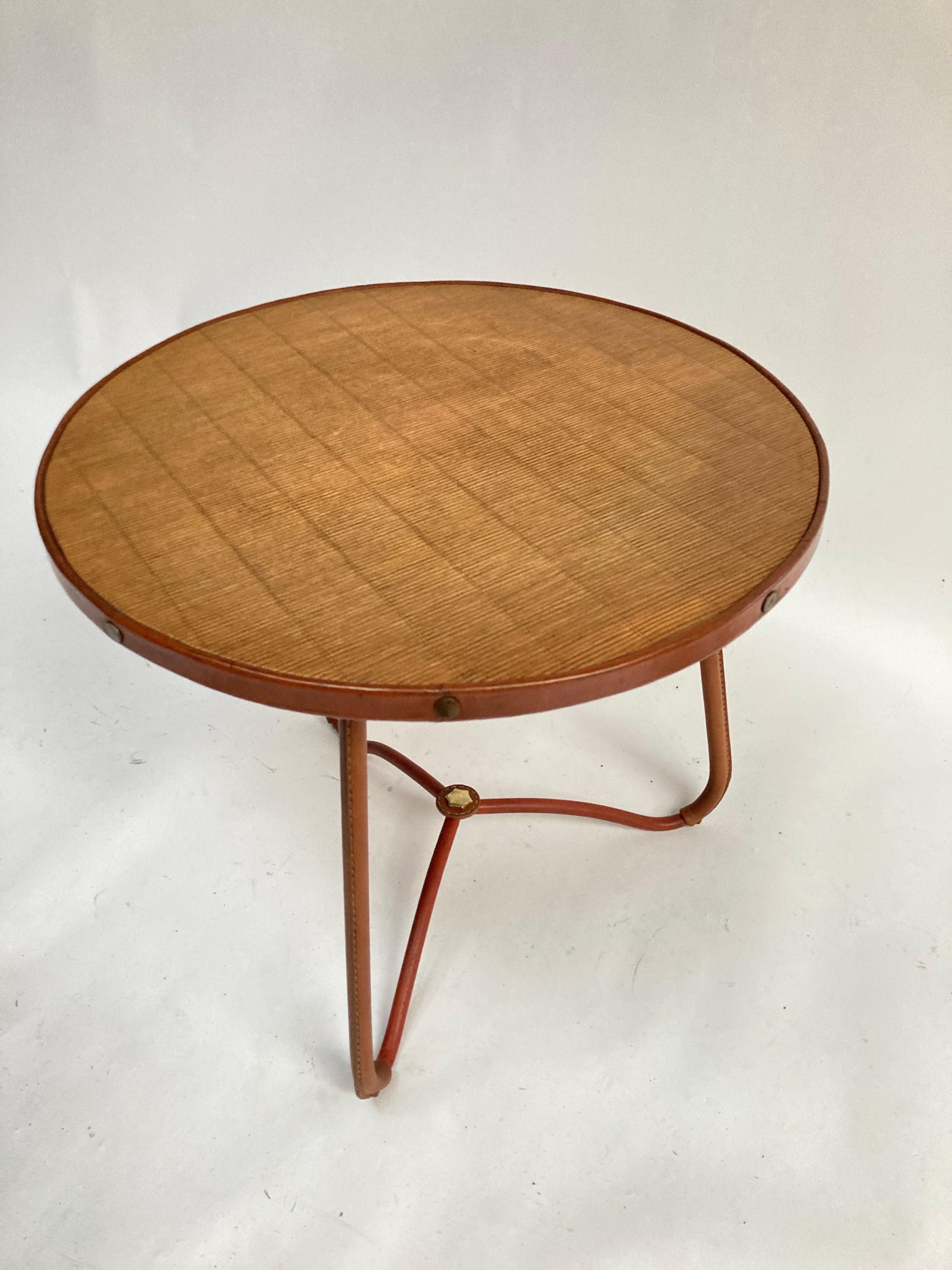 Metal 1950's Stitched Leather Table by Jacques Adnet