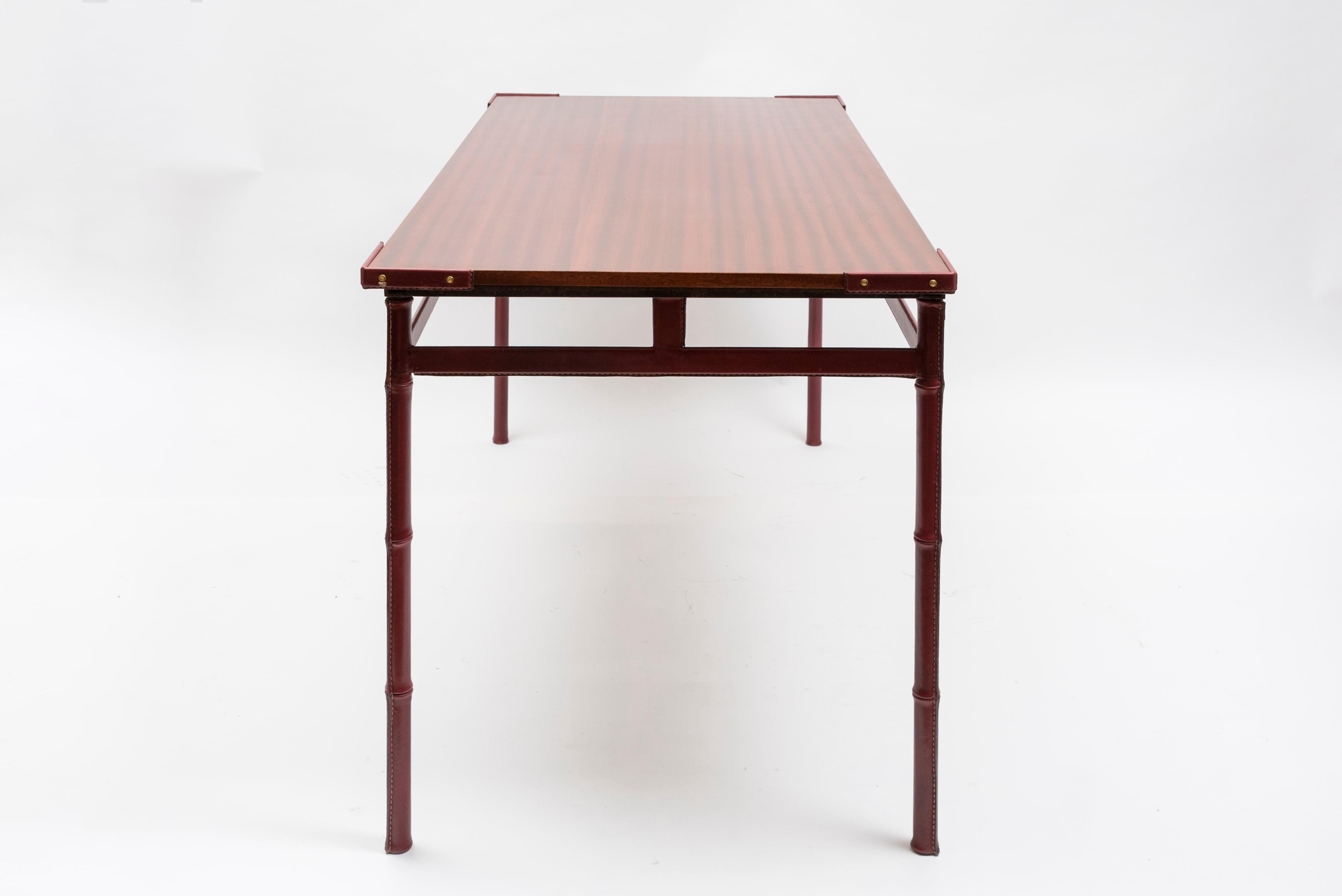 Leather 1950's Stitched leather table by Jacques Adnet For Sale