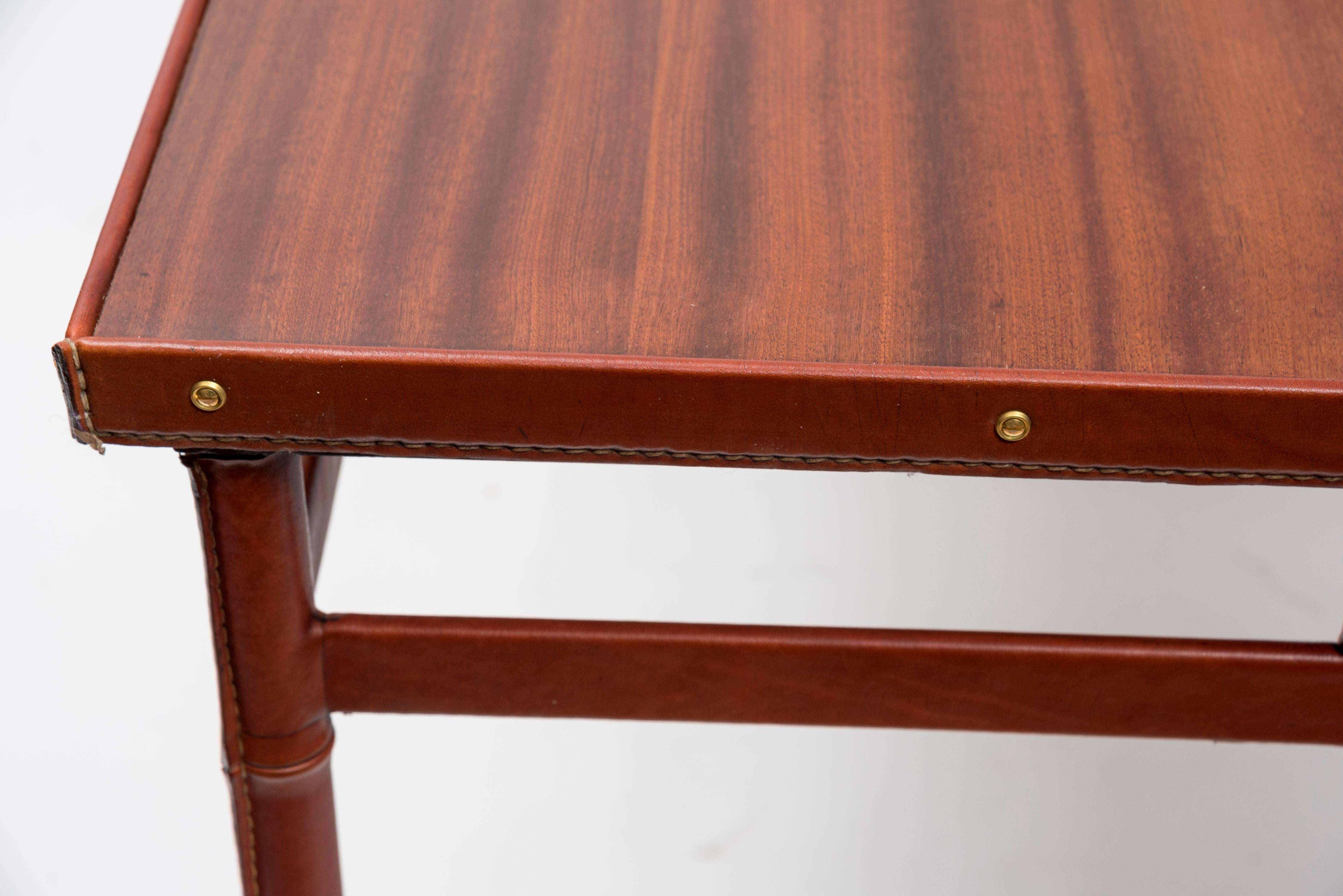 Leather 1950's Stitched leather table by Jacques Adnet For Sale