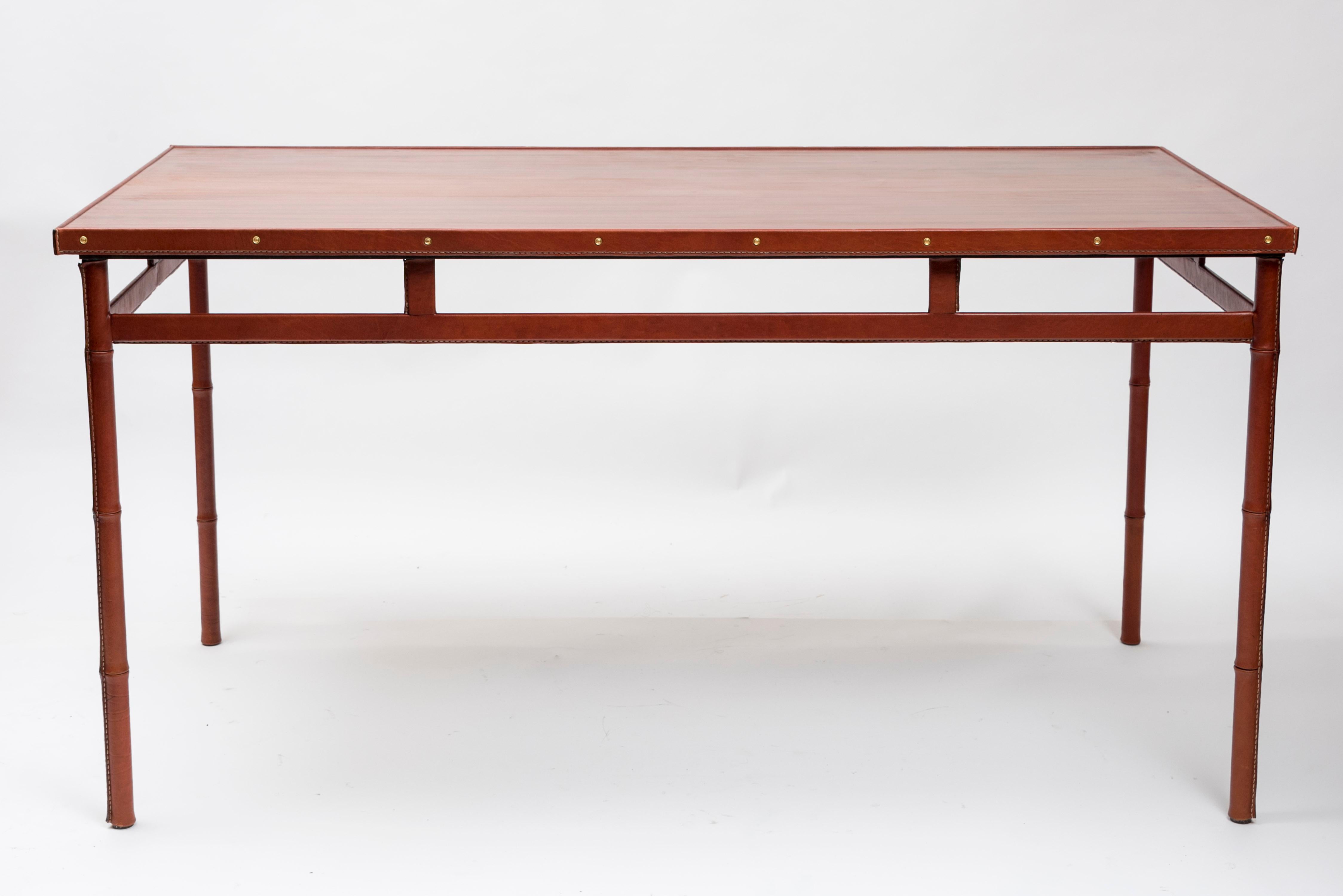 1950's Stitched leather table by Jacques Adnet For Sale 1