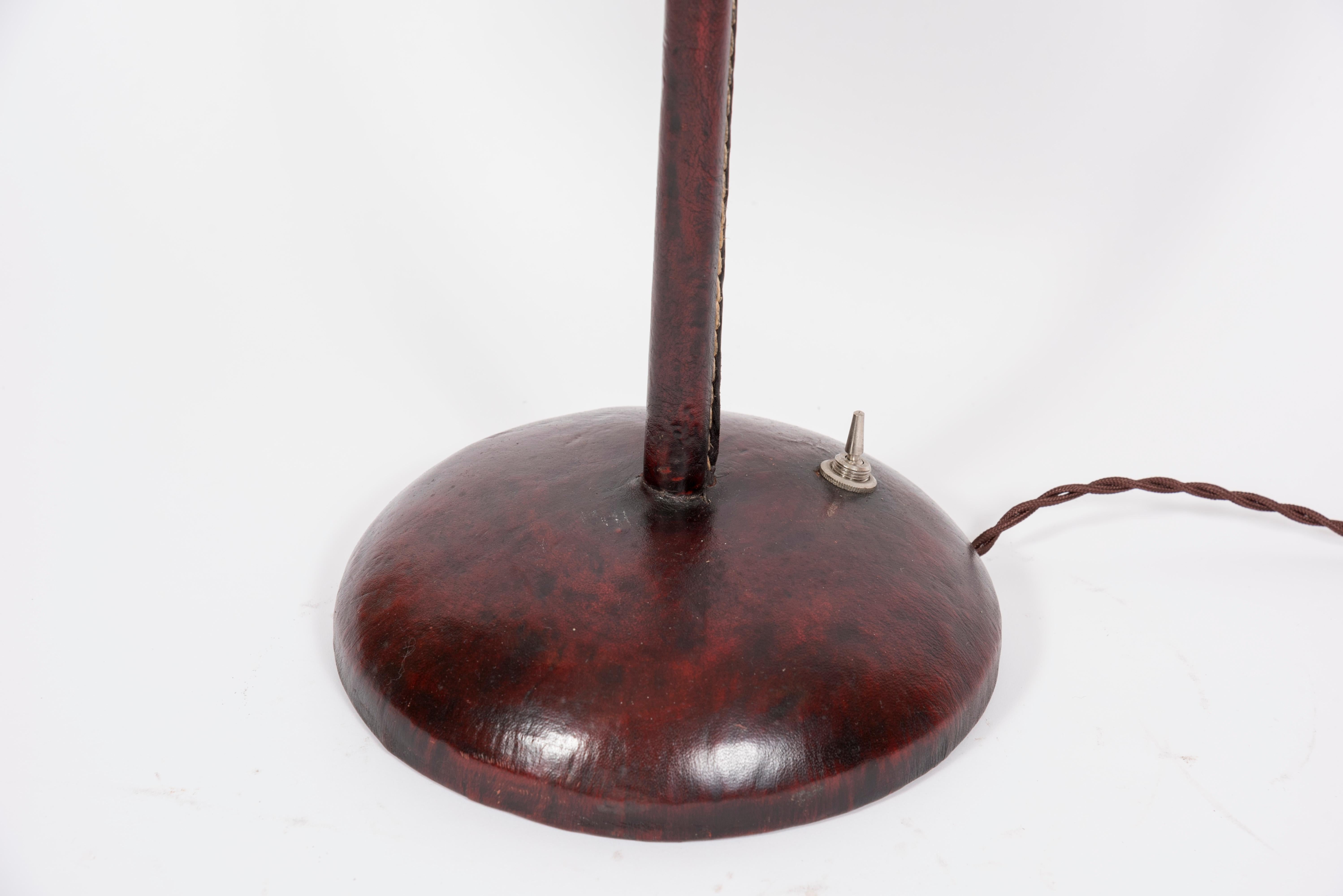 European 1950s Stitched Leather Table Lamp in Stitched Leather by Jacques Adnet