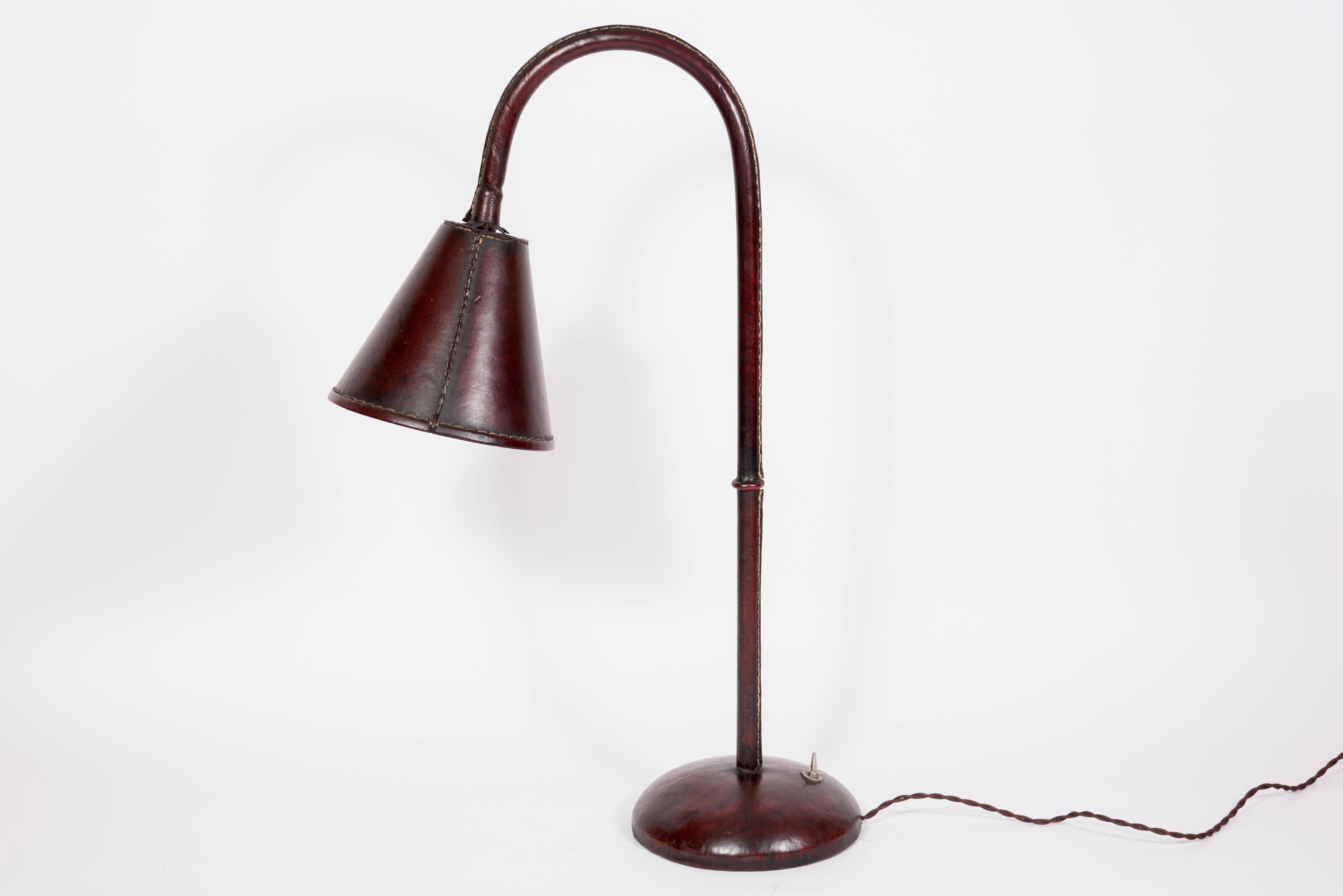 1950s Stitched Leather Table Lamp in Stitched Leather by Jacques Adnet 1