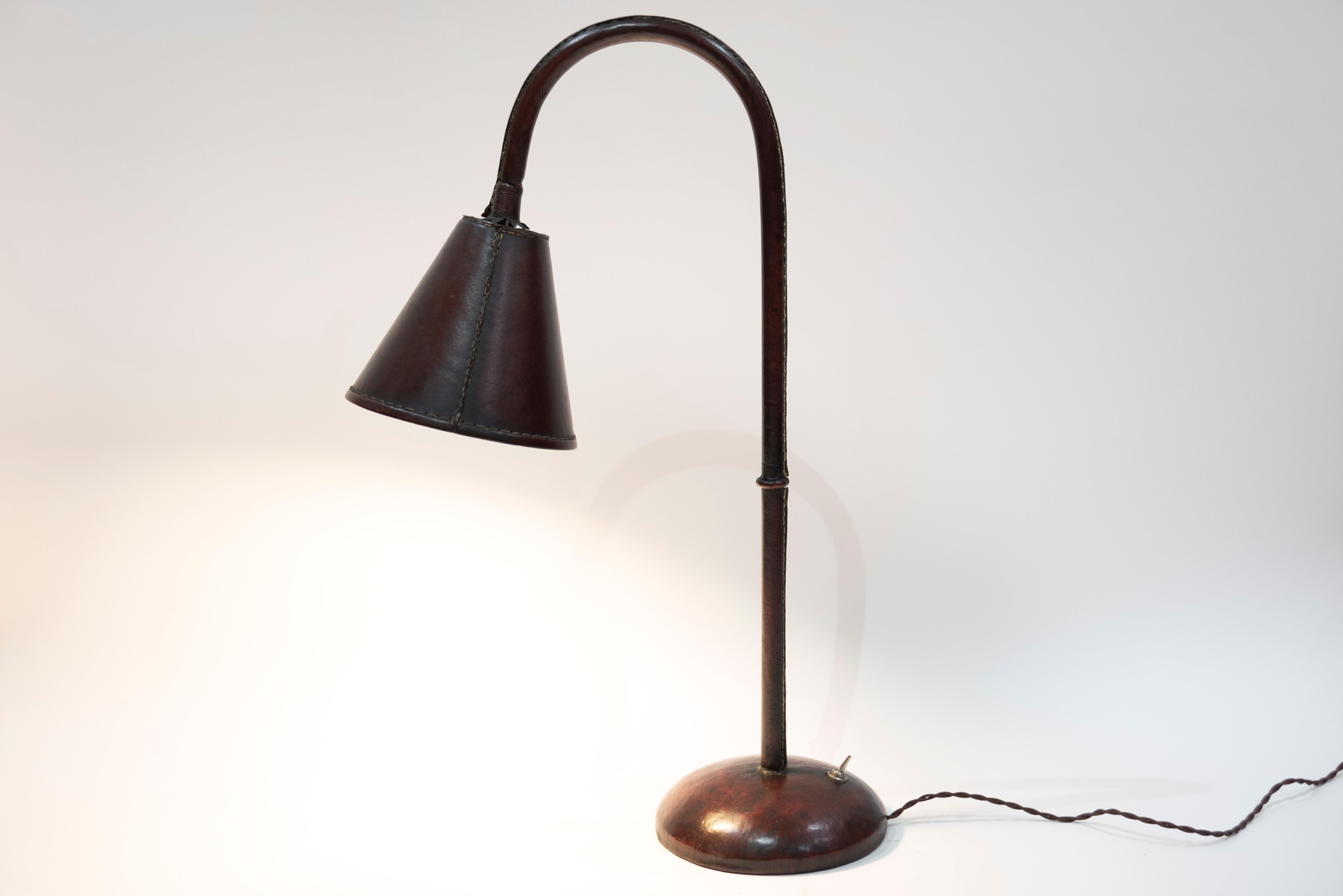 1950s Stitched Leather Table Lamp in Stitched Leather by Jacques Adnet 2