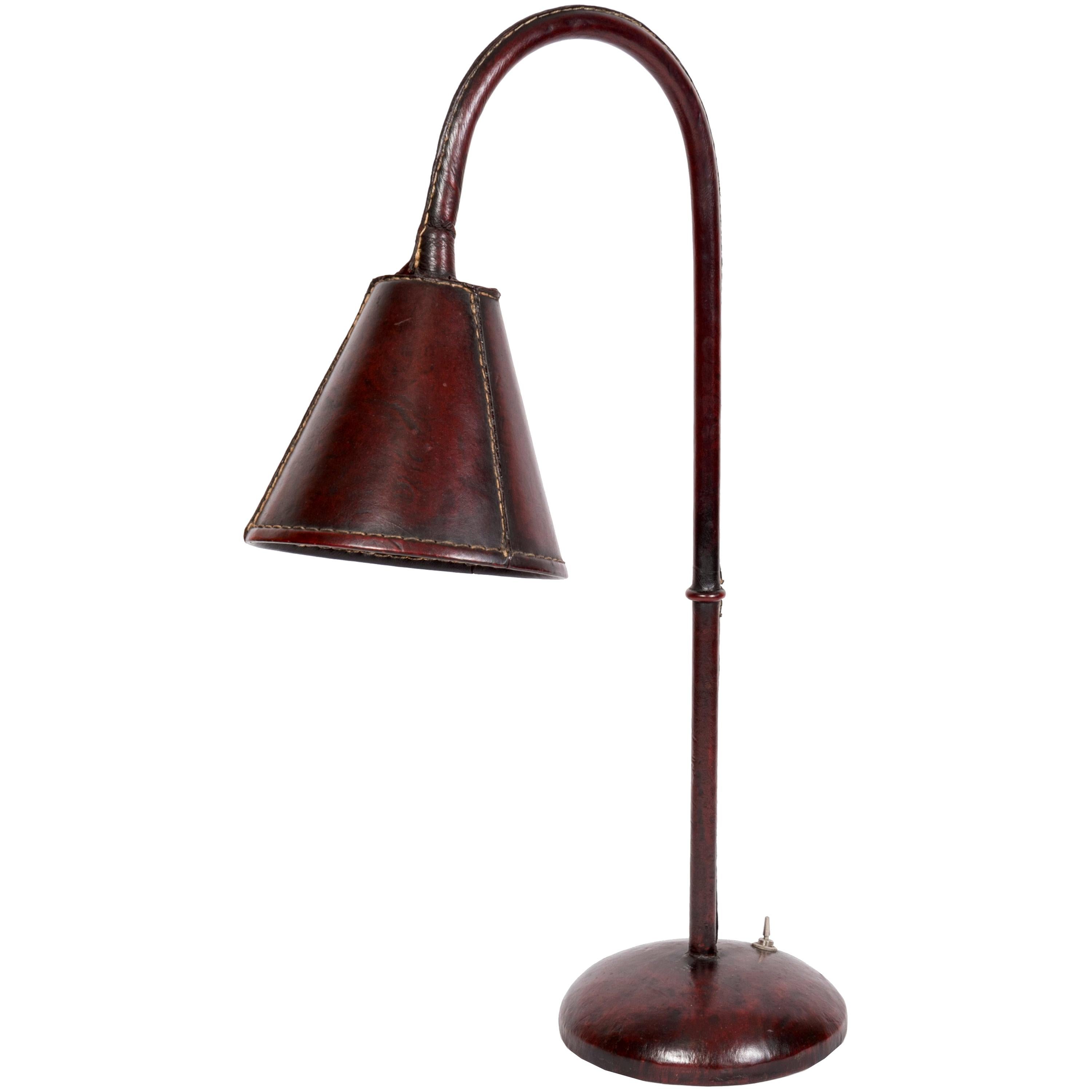 1950s Stitched Leather Table Lamp in Stitched Leather by Jacques Adnet