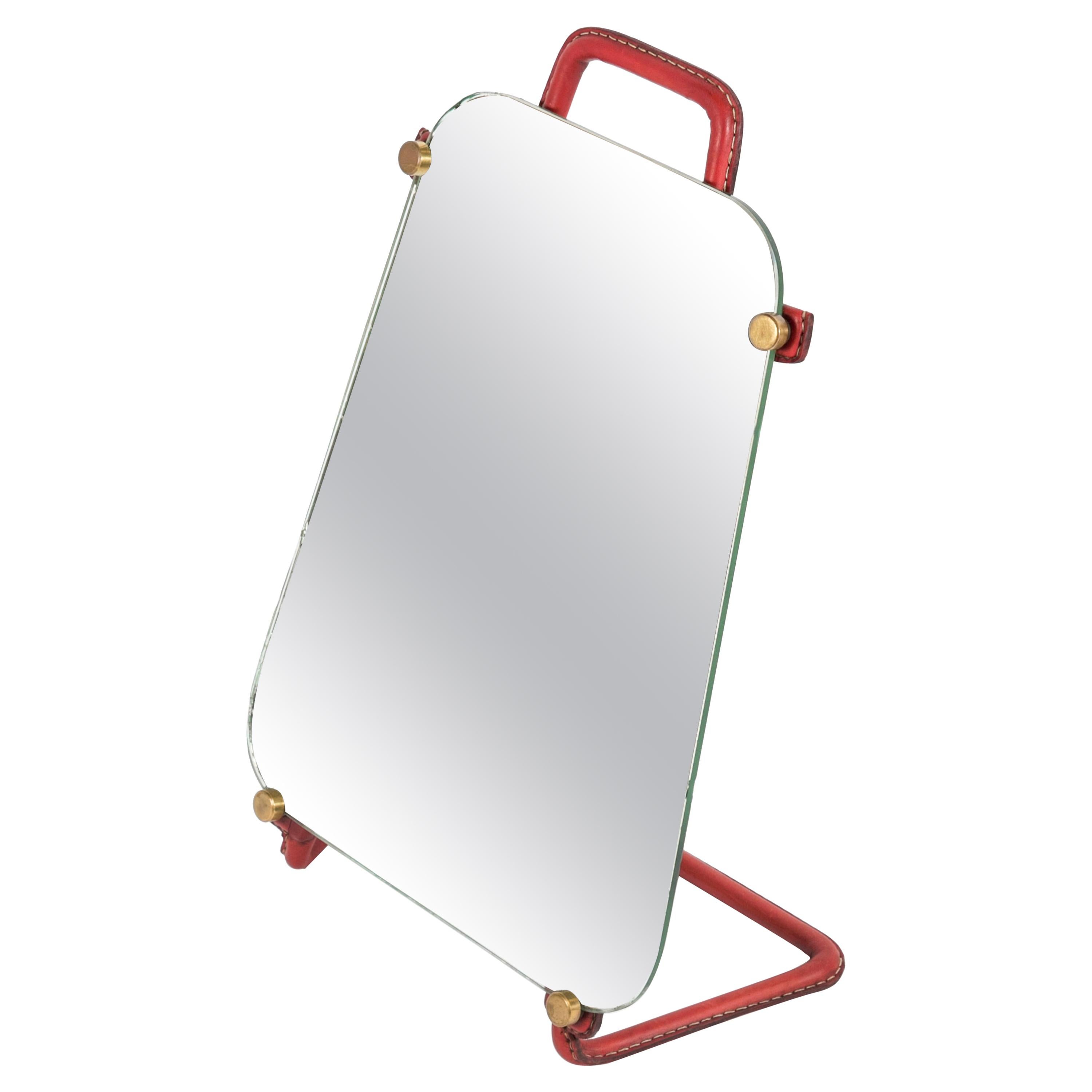 1950's Stitched Leather Table Mirror by Jacques Adnet For Sale