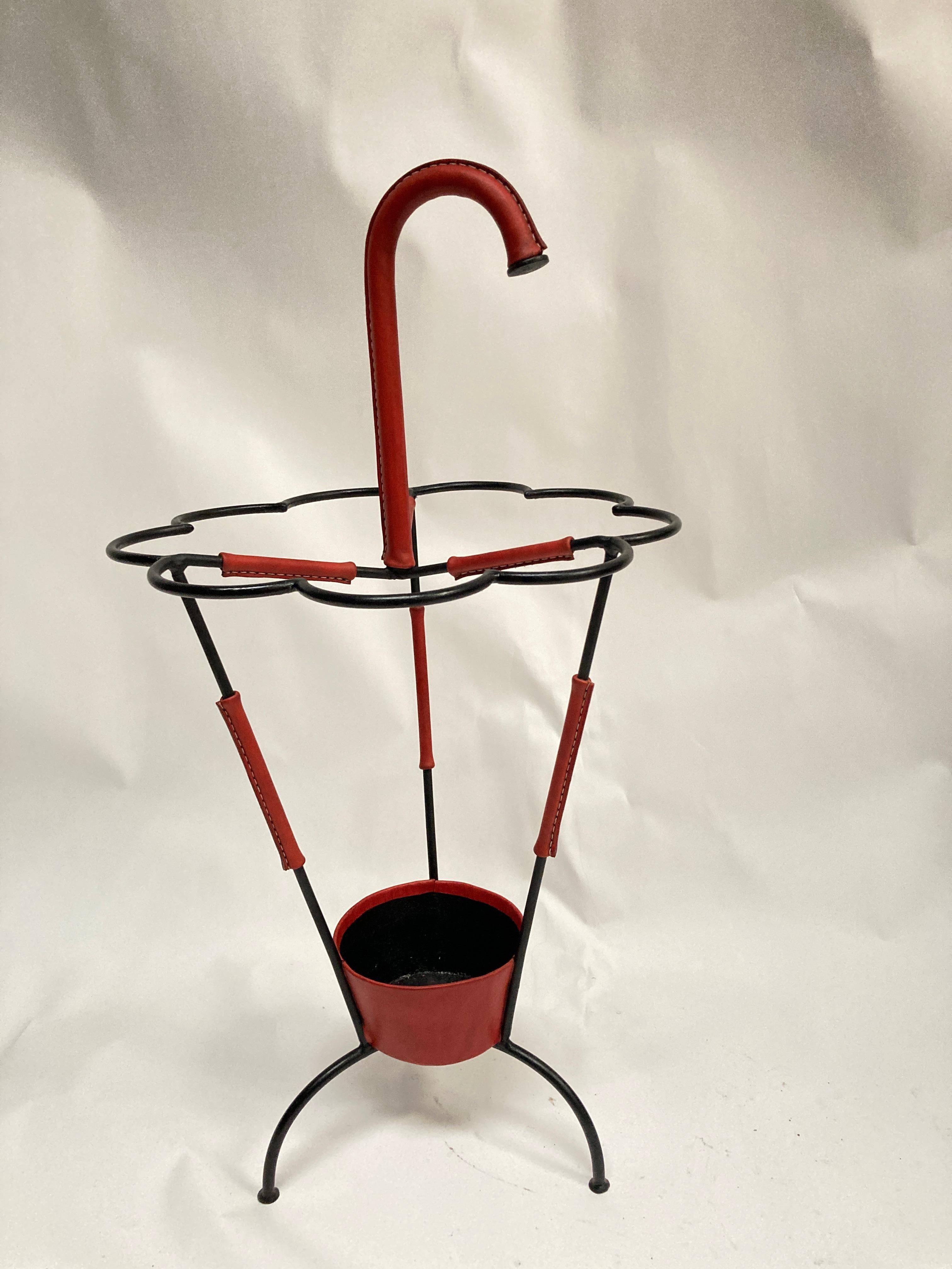 Metal 1950's Stitched leather Umbrella stand BY Jacques Adnet For Sale