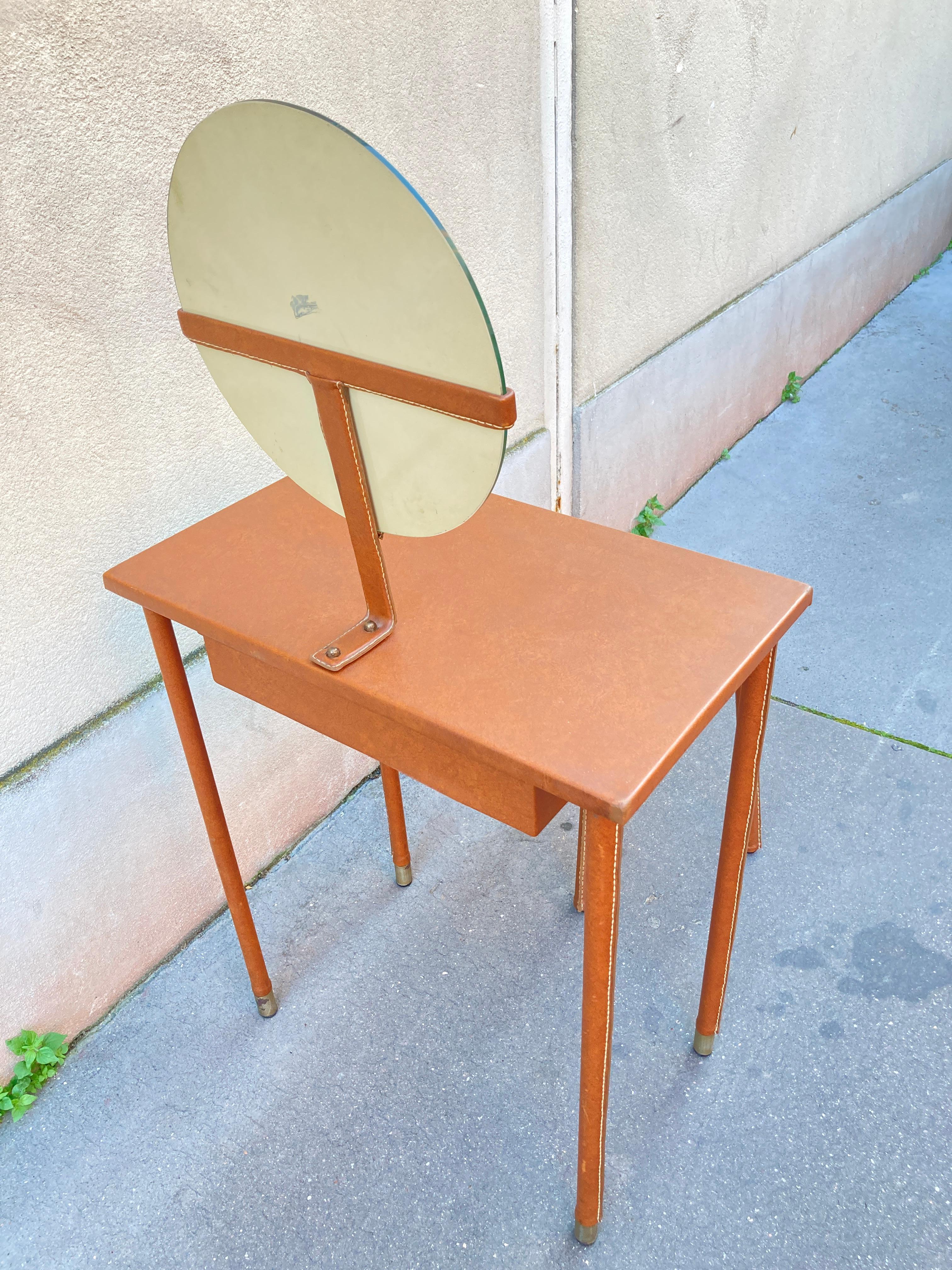 1950's Stitched leather vanity table by Jacques Adnet For Sale 6