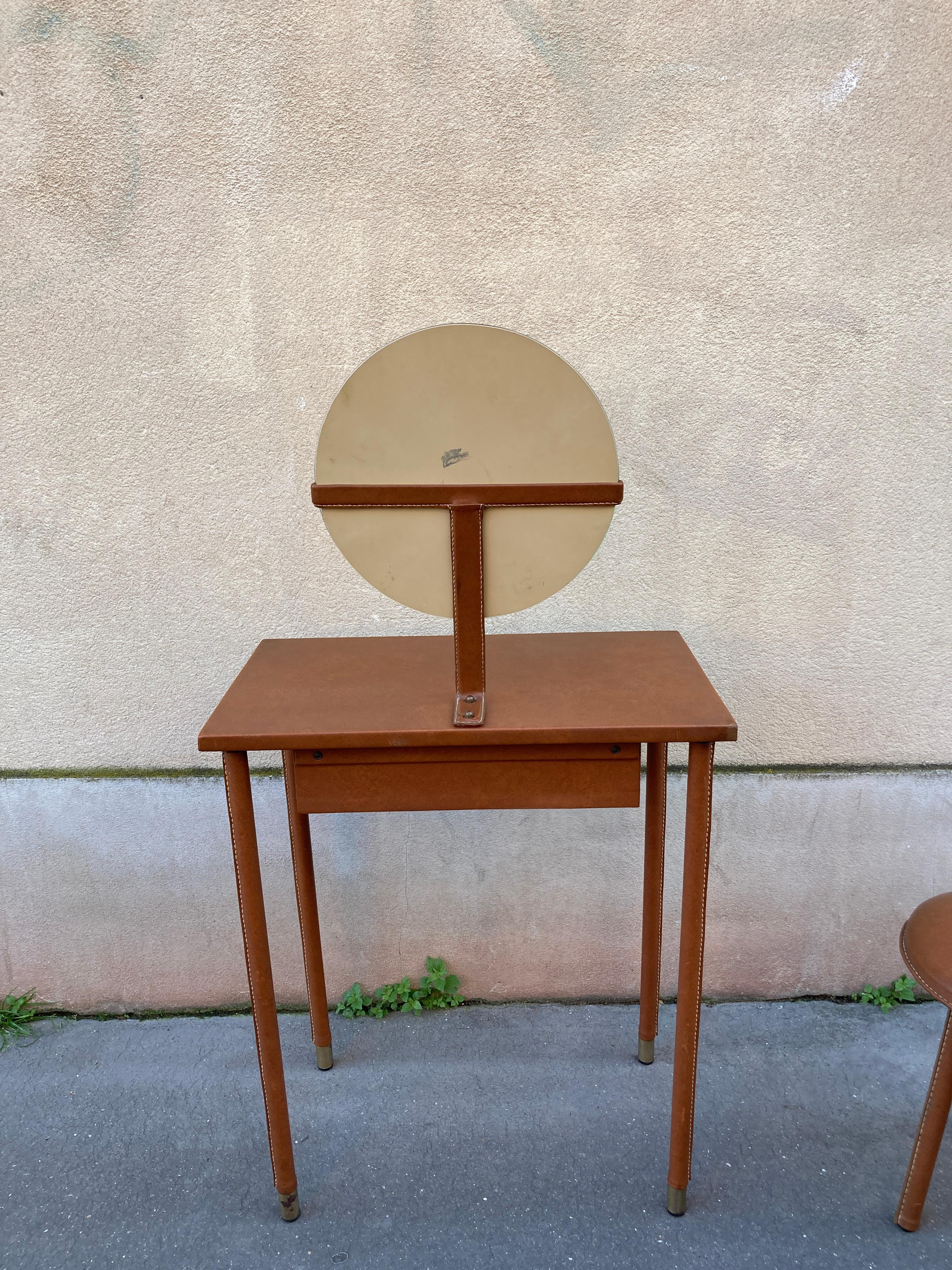 1950's Stitched leather vanity table by Jacques Adnet For Sale 8