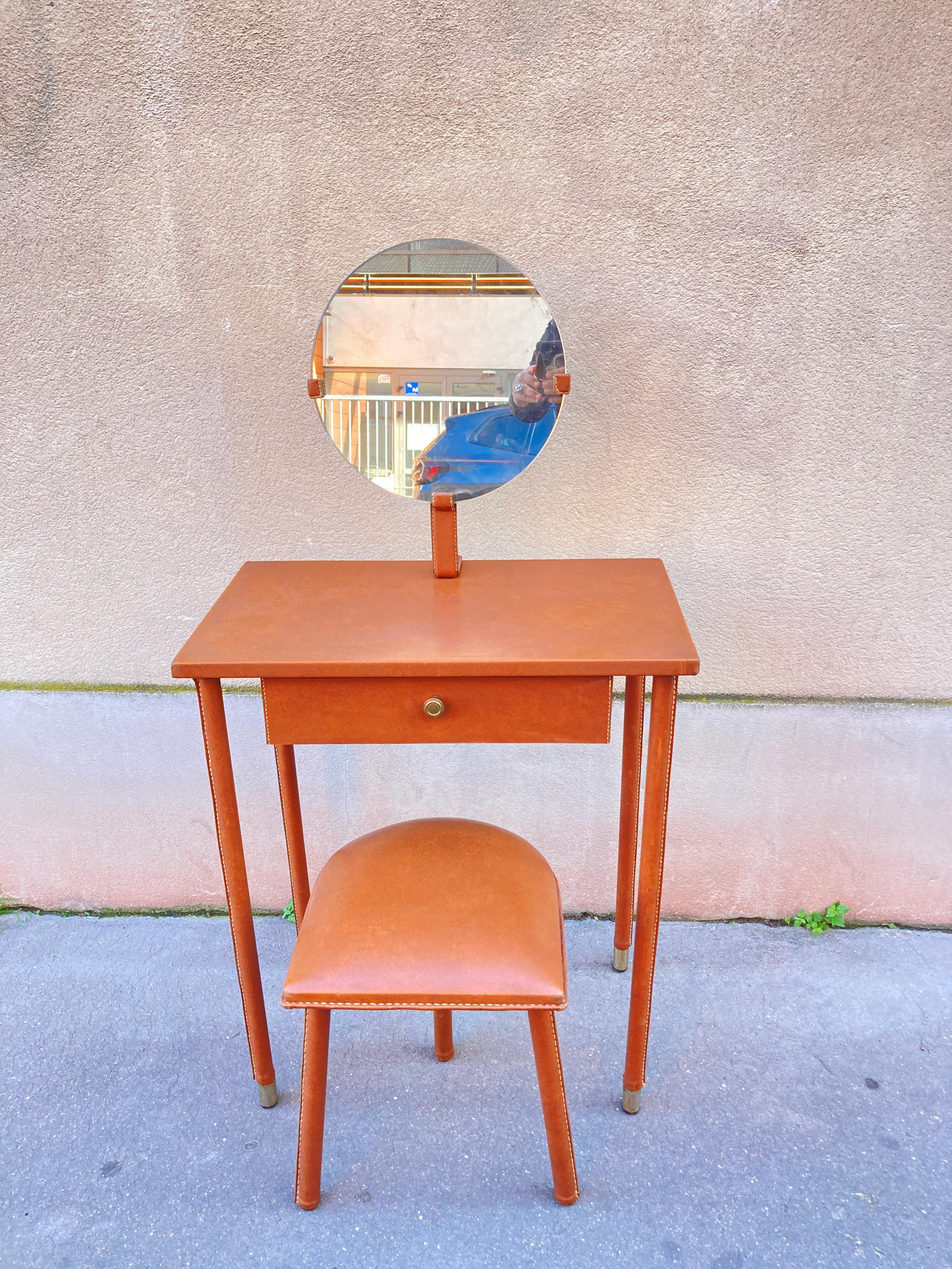 1950's Stitched leather vanity table by Jacques Adnet For Sale 9