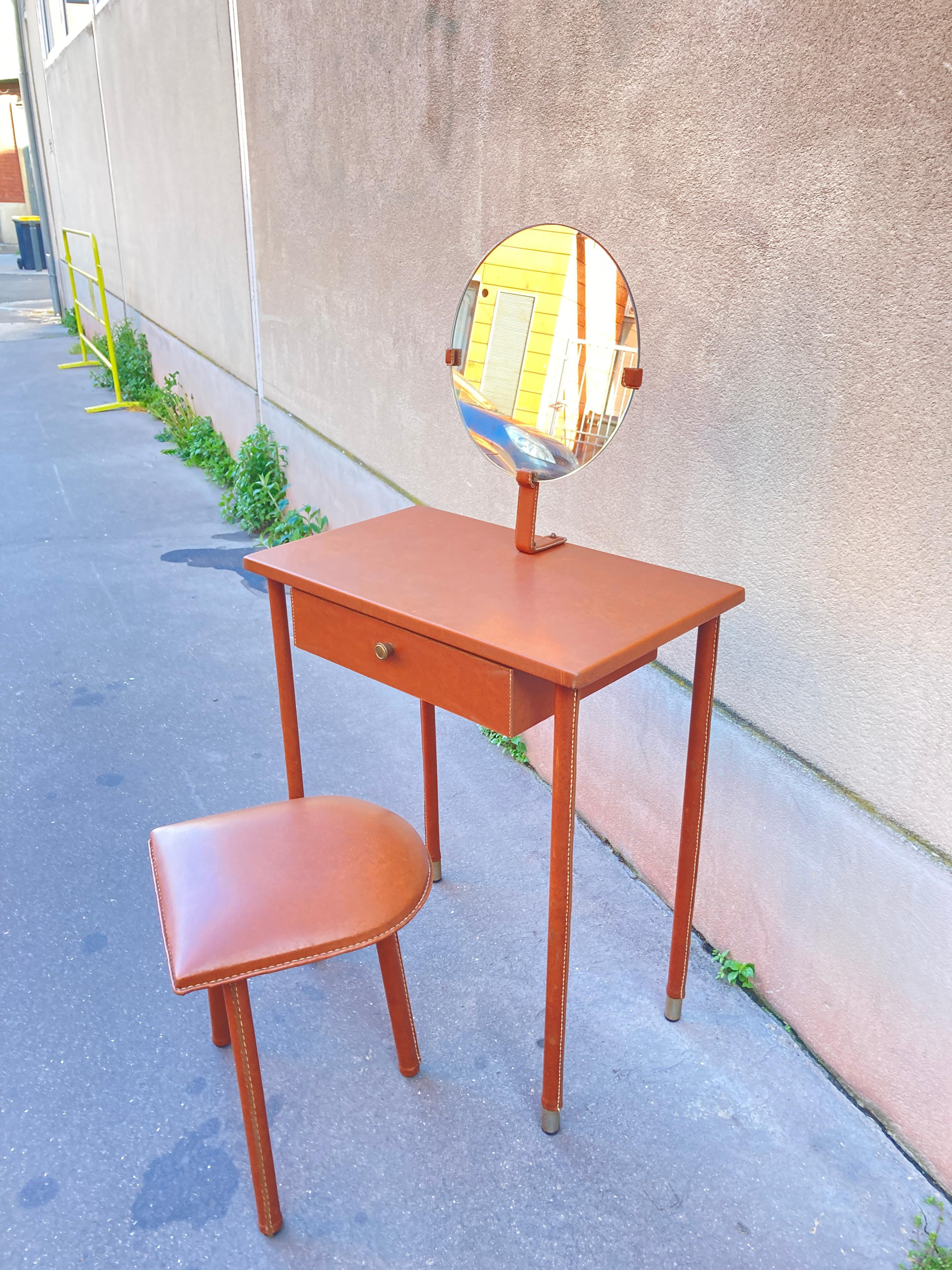 French 1950's Stitched leather vanity table by Jacques Adnet For Sale