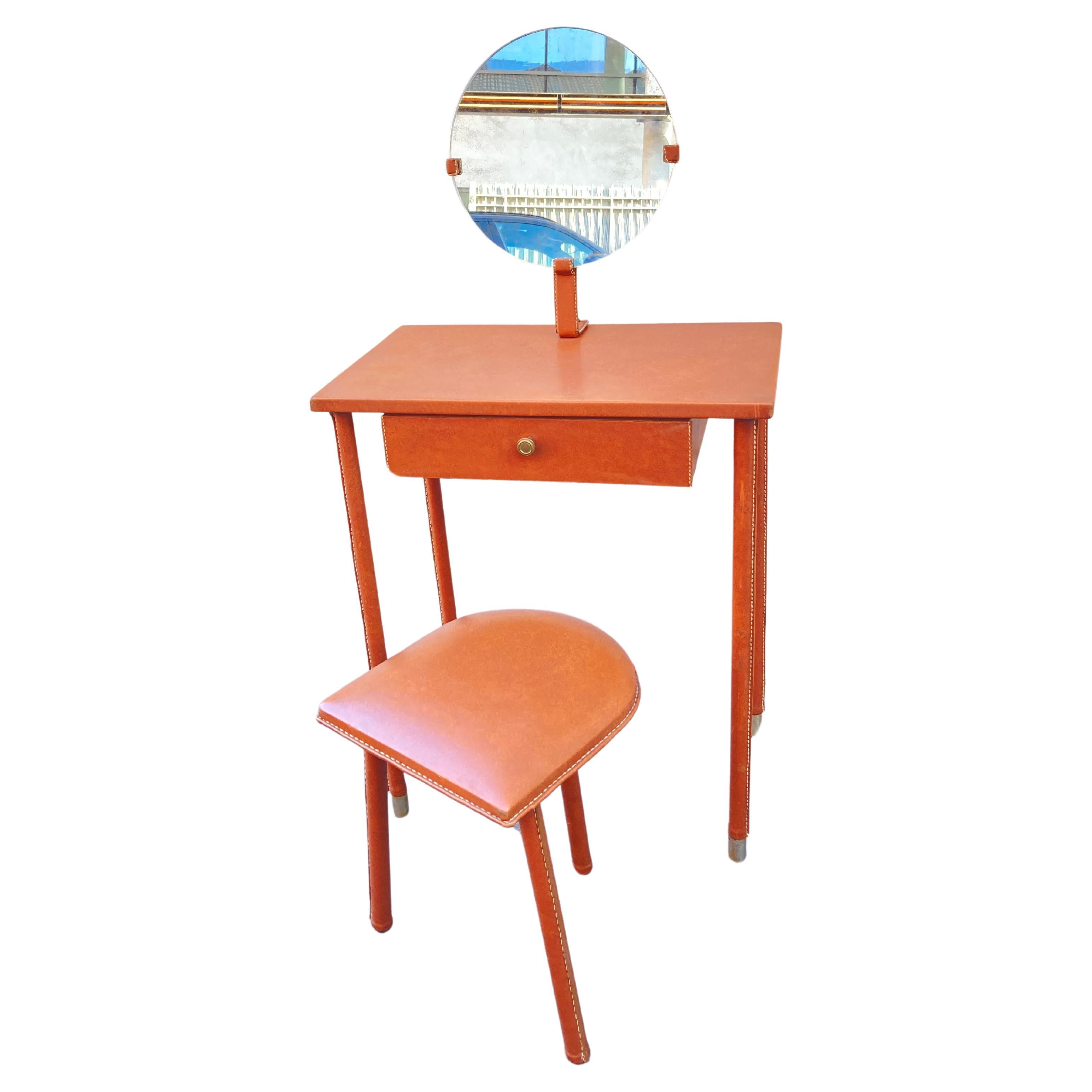 1950's Stitched leather vanity table by Jacques Adnet For Sale