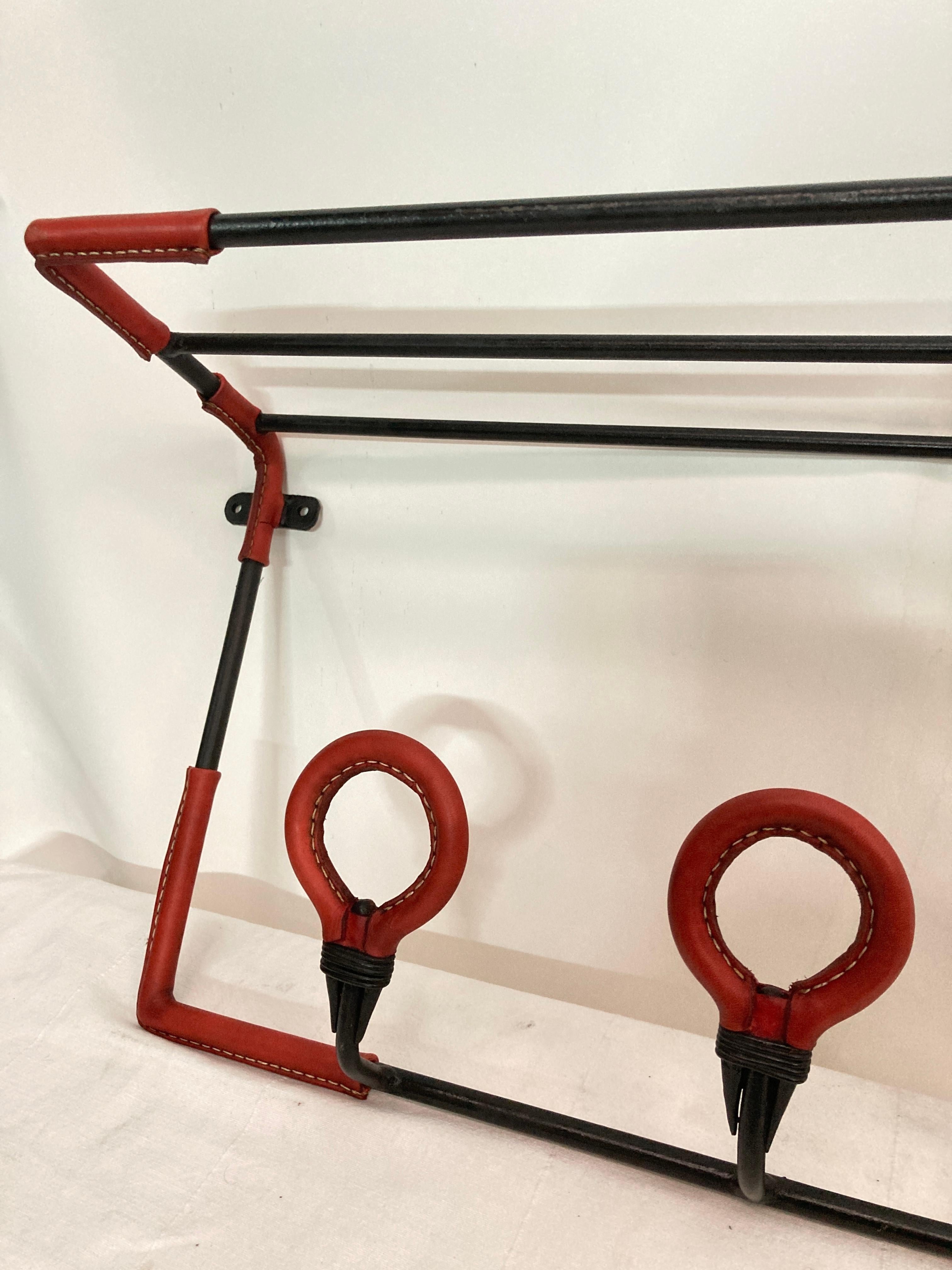 1950's Stitched leather wall coat rack by Jacques Adnet For Sale 5