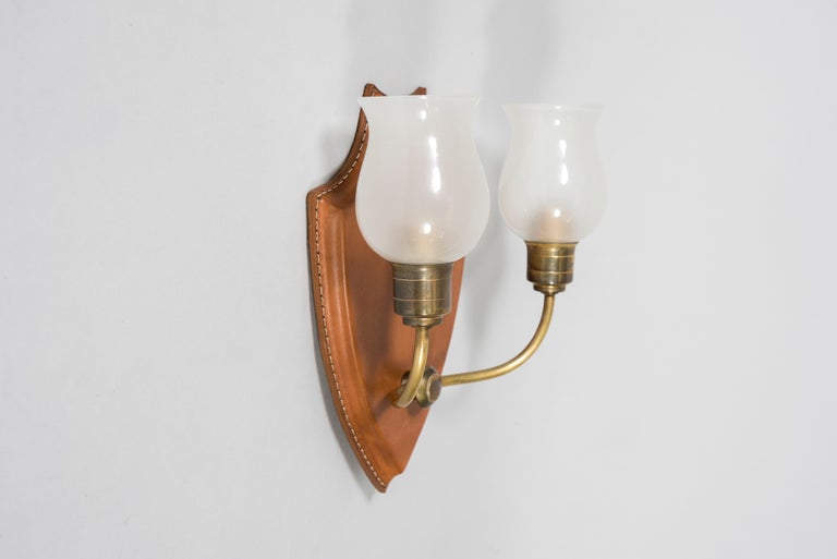 Mid-20th Century 1950's Stitched Leather Wall Lights by Jacques Adnet For Sale
