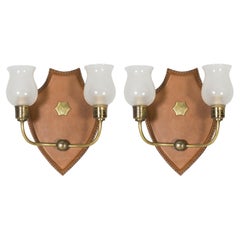 1950's Stitched Leather Wall Lights by Jacques Adnet