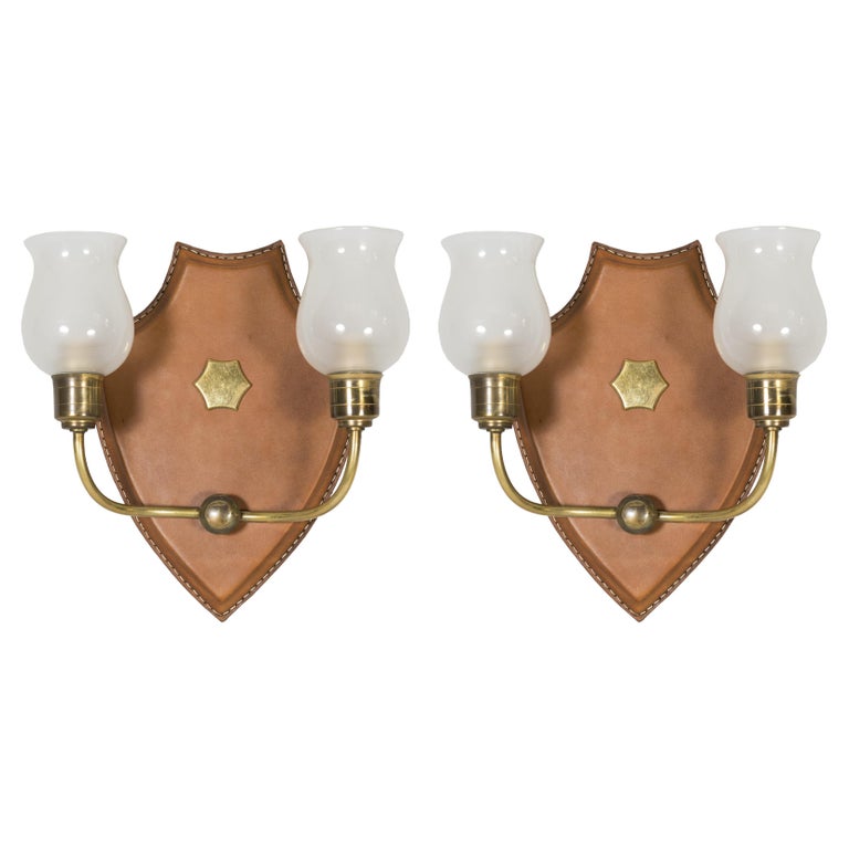 1950's Stitched Leather Wall Lights by Jacques Adnet For Sale
