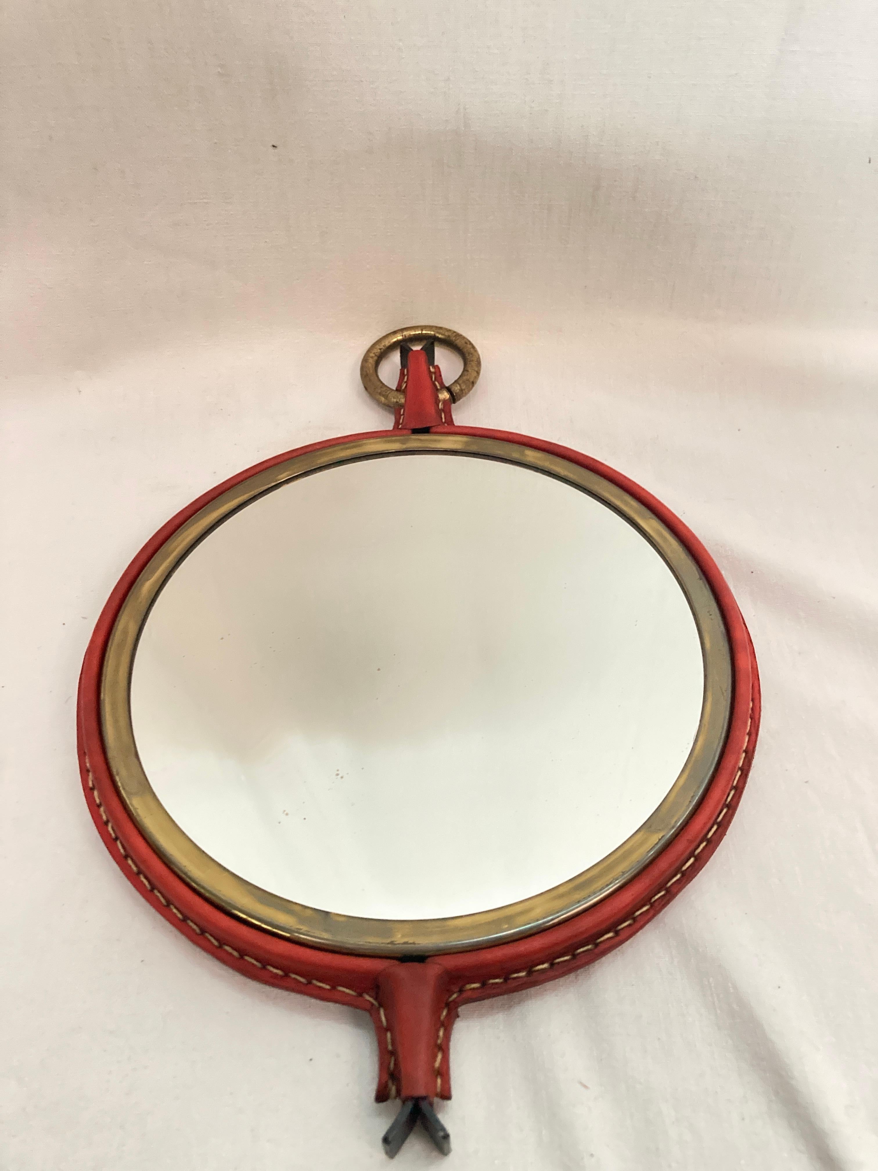 1950's Stitched leather wall Mirror by Jacques Adnet For Sale 3