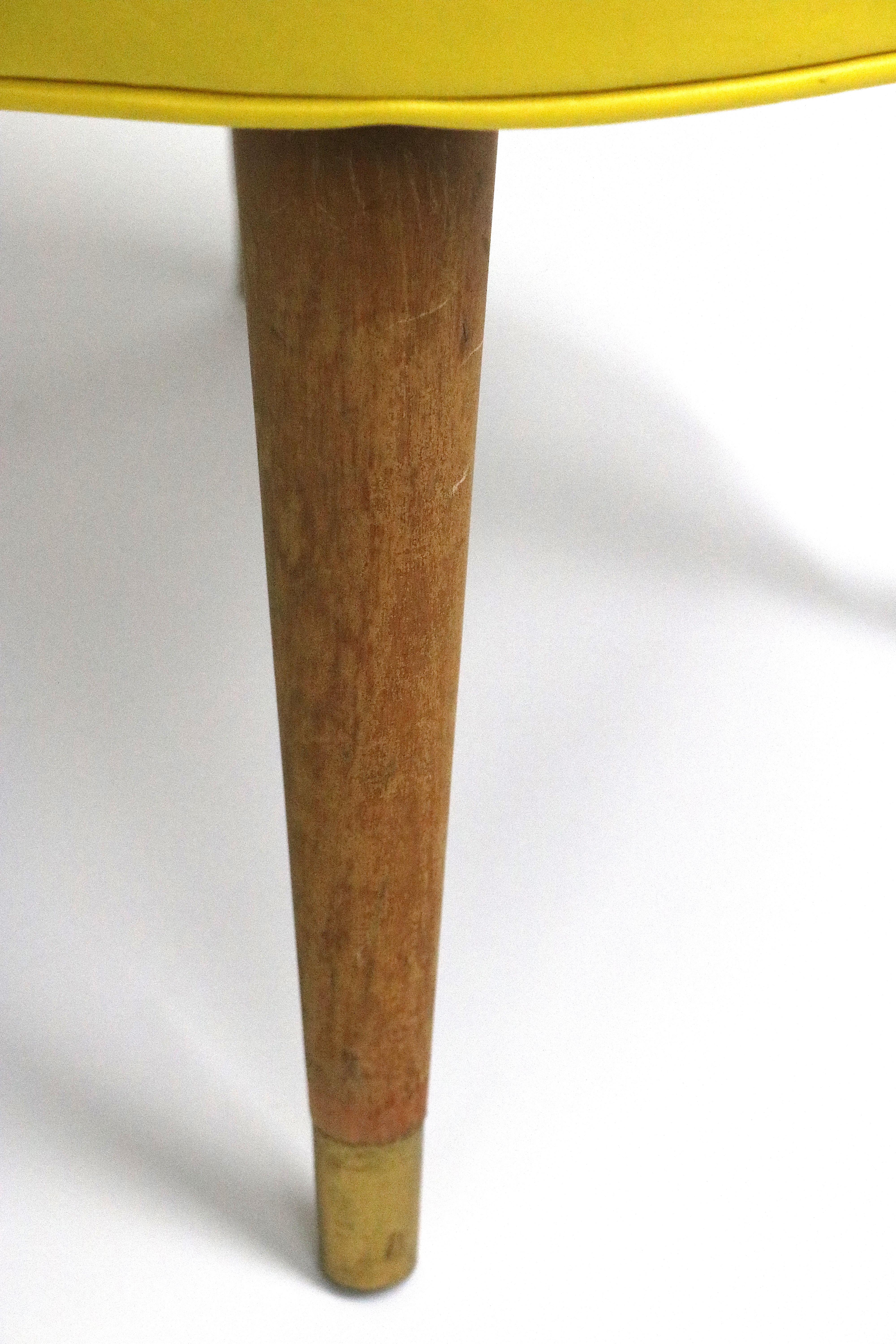 Mid-Century Modern 1950s Stool Maple Wood Legs, Brass Ferules, Yellow Vinyl Paul McCobb Attribute For Sale