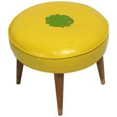 1950s Stool Maple Wood Legs, Brass Ferules, Yellow Vinyl Paul McCobb Attribute