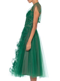1950S Emerald Green Nylon Tulle Strapless Party Dress Appliquéd & Beaded With M