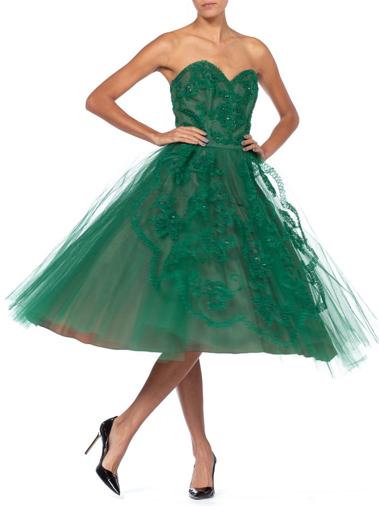 slim fit dress slacks Unique Vintage Green Glitter 1950's Tea Length Gown main image 1