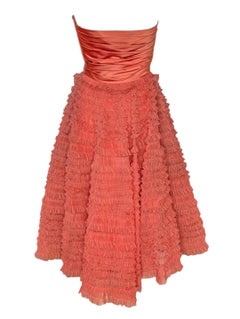 1950s Strapless Pink Ruffled Tulle Party Dress - Size 0/2