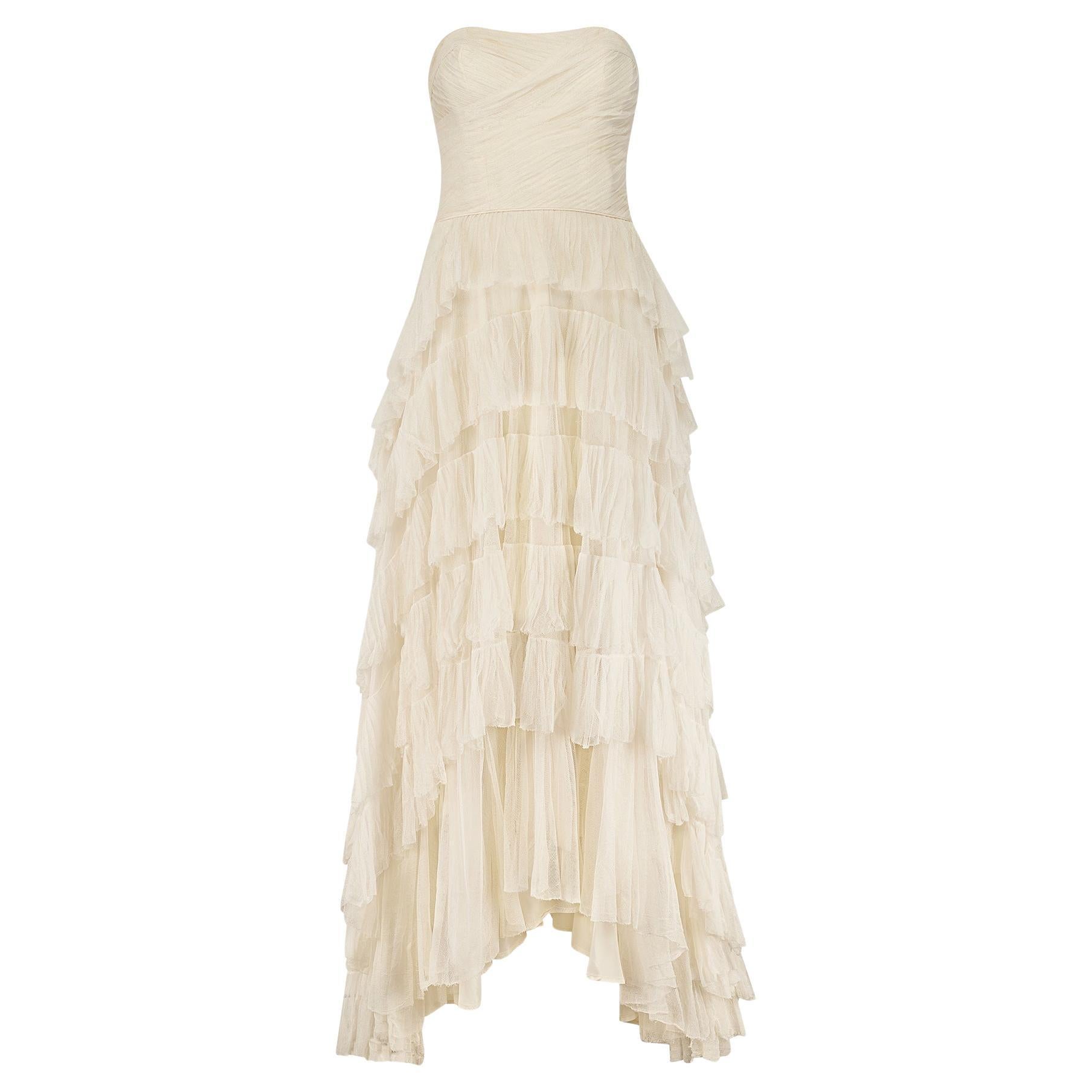 1950s Strapless Ruffle Layered Net White Wedding Dress