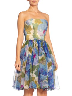 1950'S Blue & Green Floral Silk Chiffon Strapless Garden Party Dress