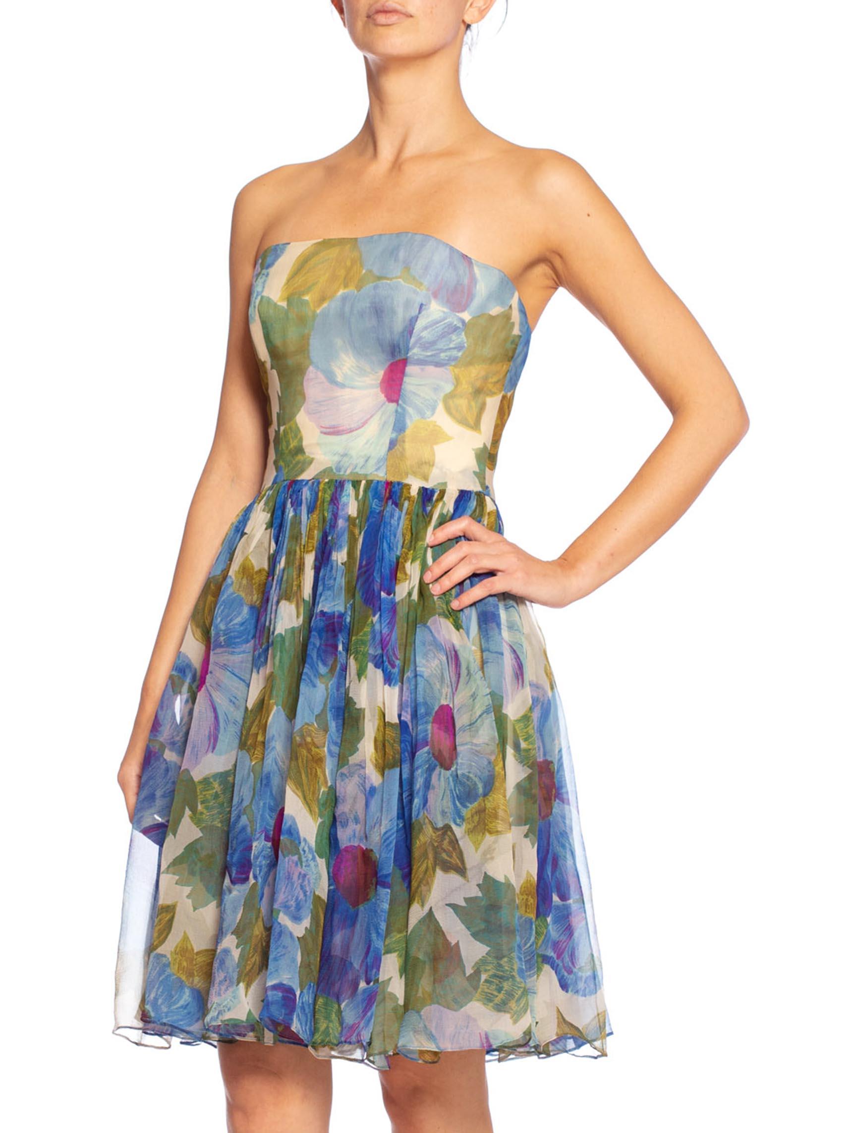 1950'S Blue & Green Floral Silk Chiffon Strapless Garden Party Dress In Excellent Condition In New York, NY
