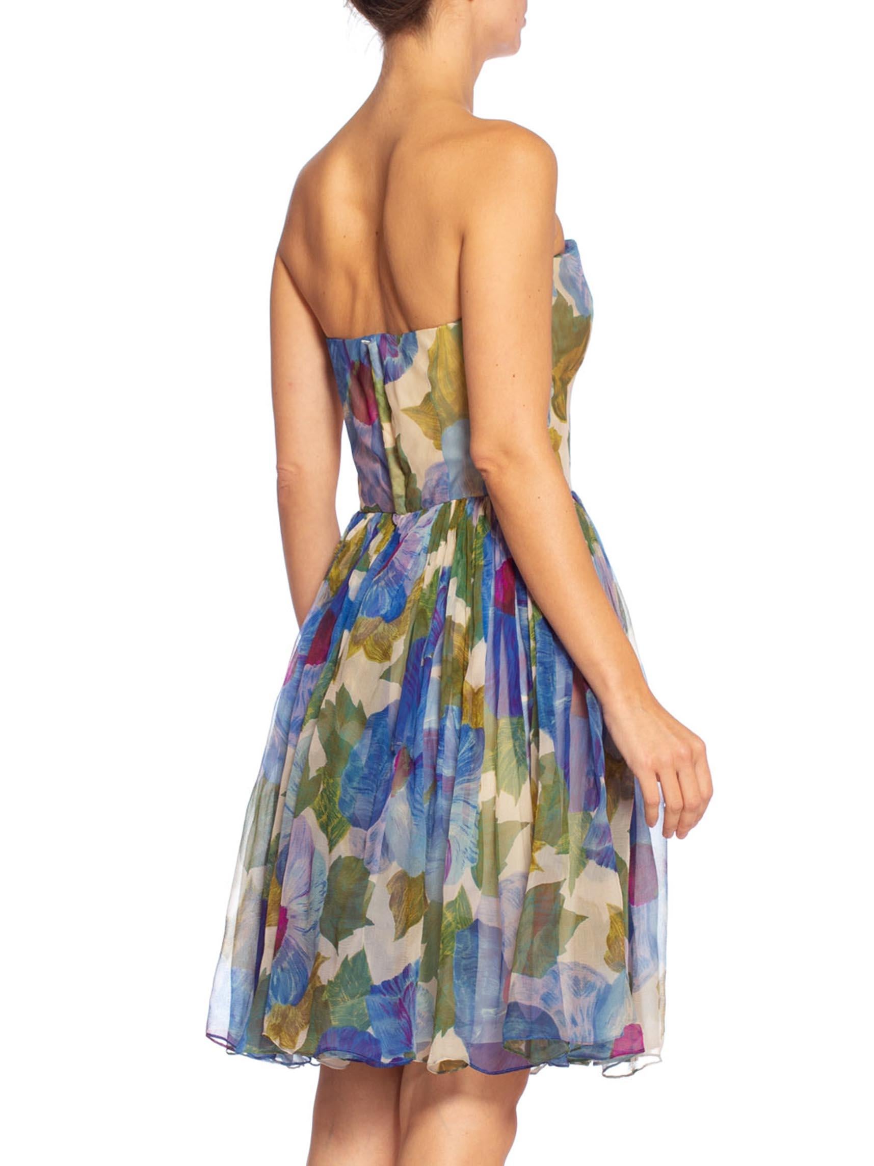 1950'S Blue & Green Floral Silk Chiffon Strapless Garden Party Dress 1
