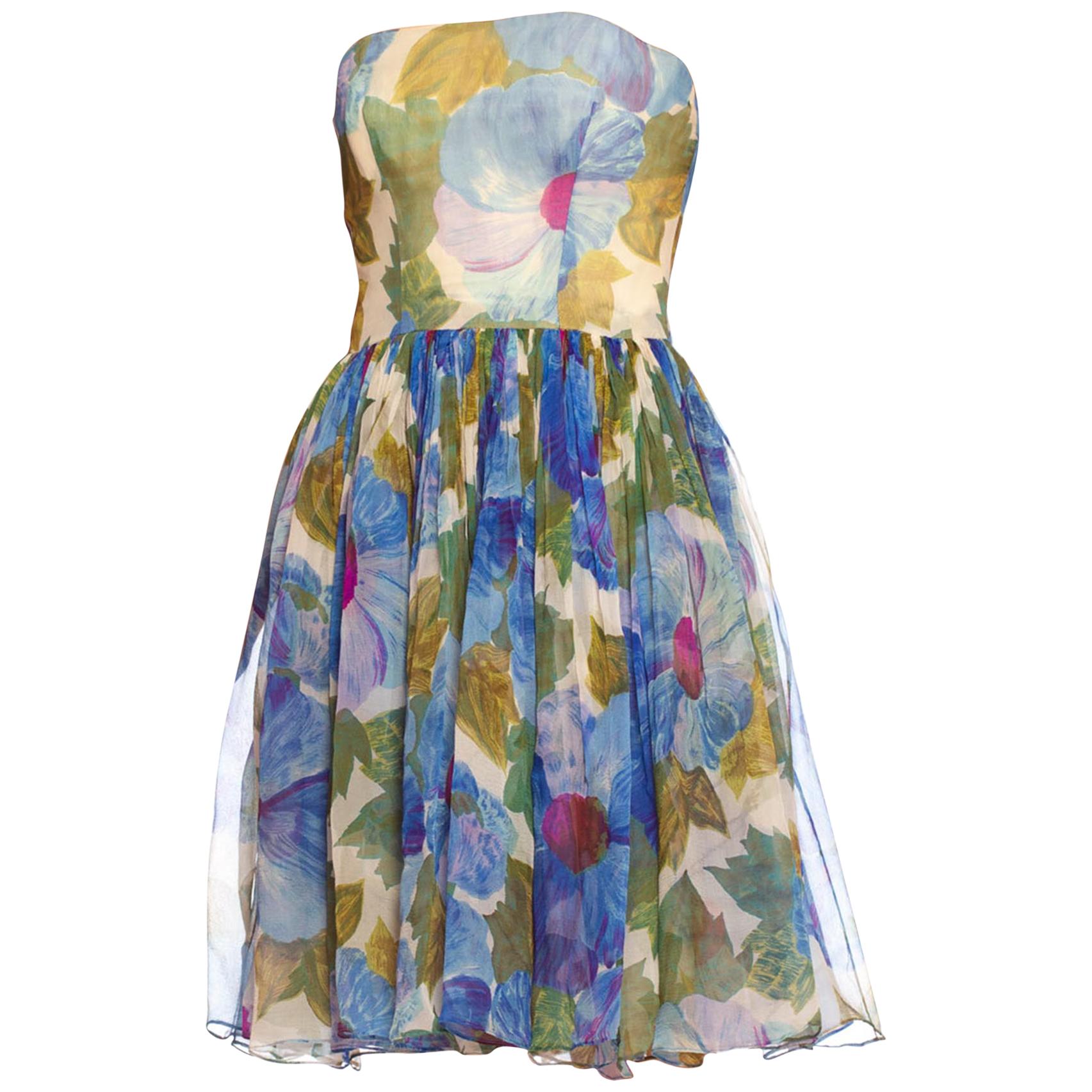 1950'S Blue & Green Floral Silk Chiffon Strapless Garden Party Dress