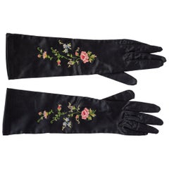 1950s Stretch Rayon Satin Long Gloves with Hand Embroidery and Pearls