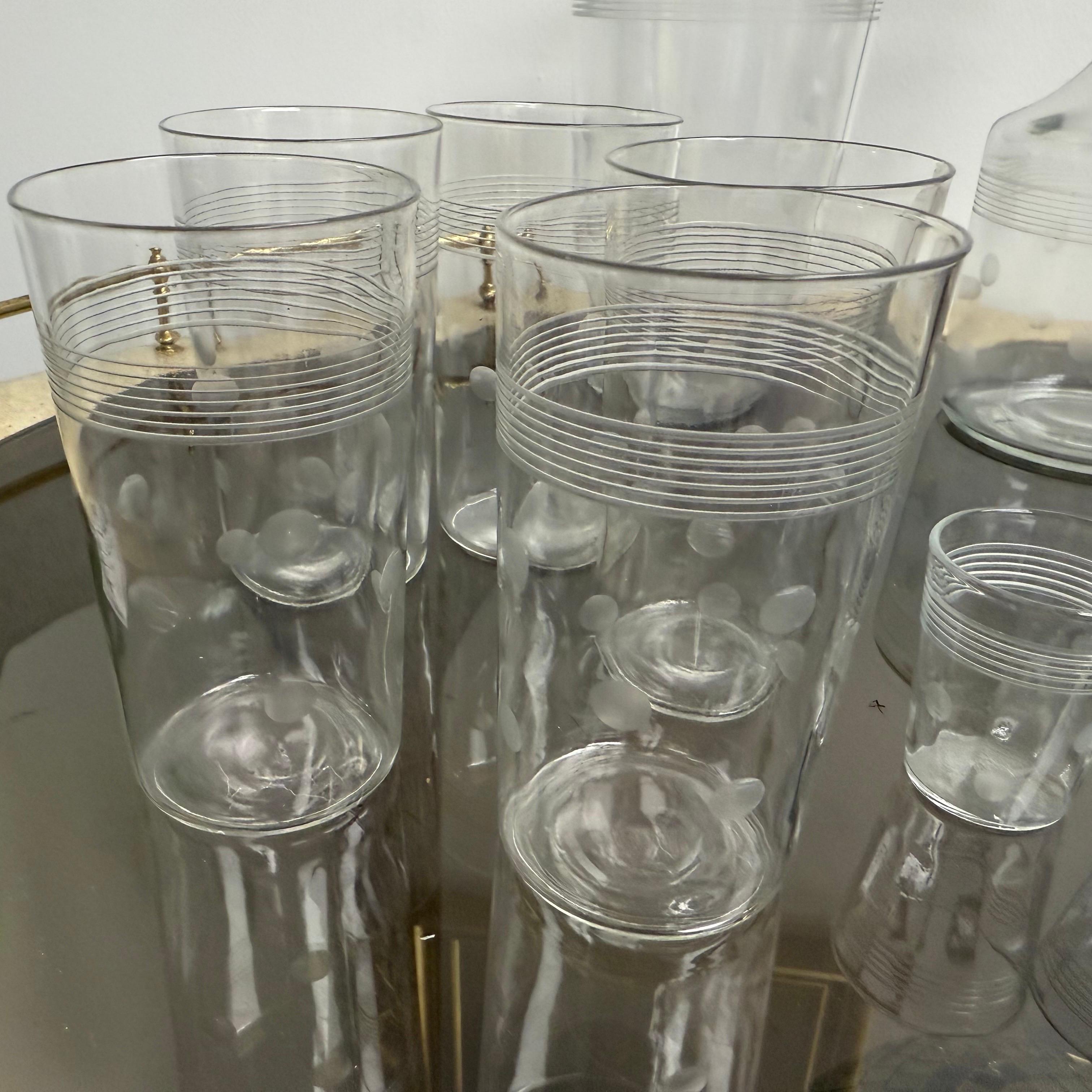 Glass 1950’s Stripes and Polka Dot Etched Bar Set - A Set of 12 For Sale