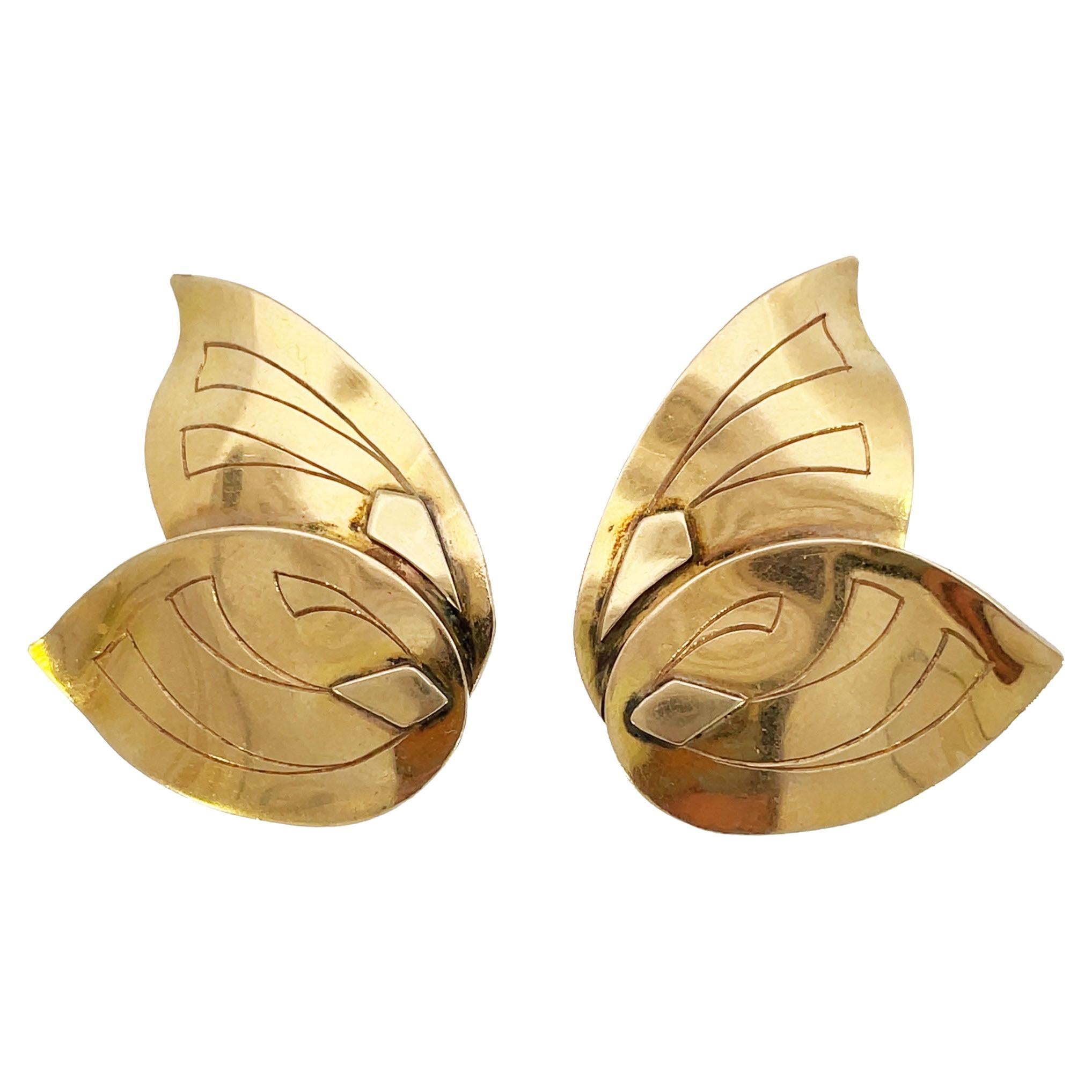 Boucles d'oreilles à clip papillon en or jaune 14K Studio des années 1950